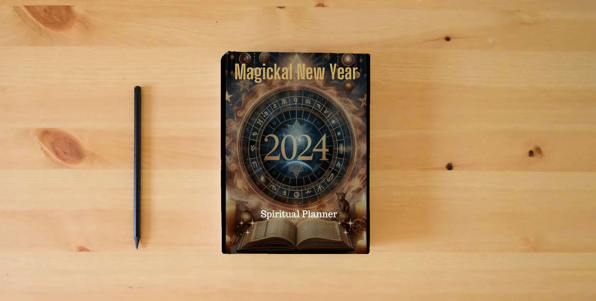 The book 2024 Magickal New Year Planner is on the table