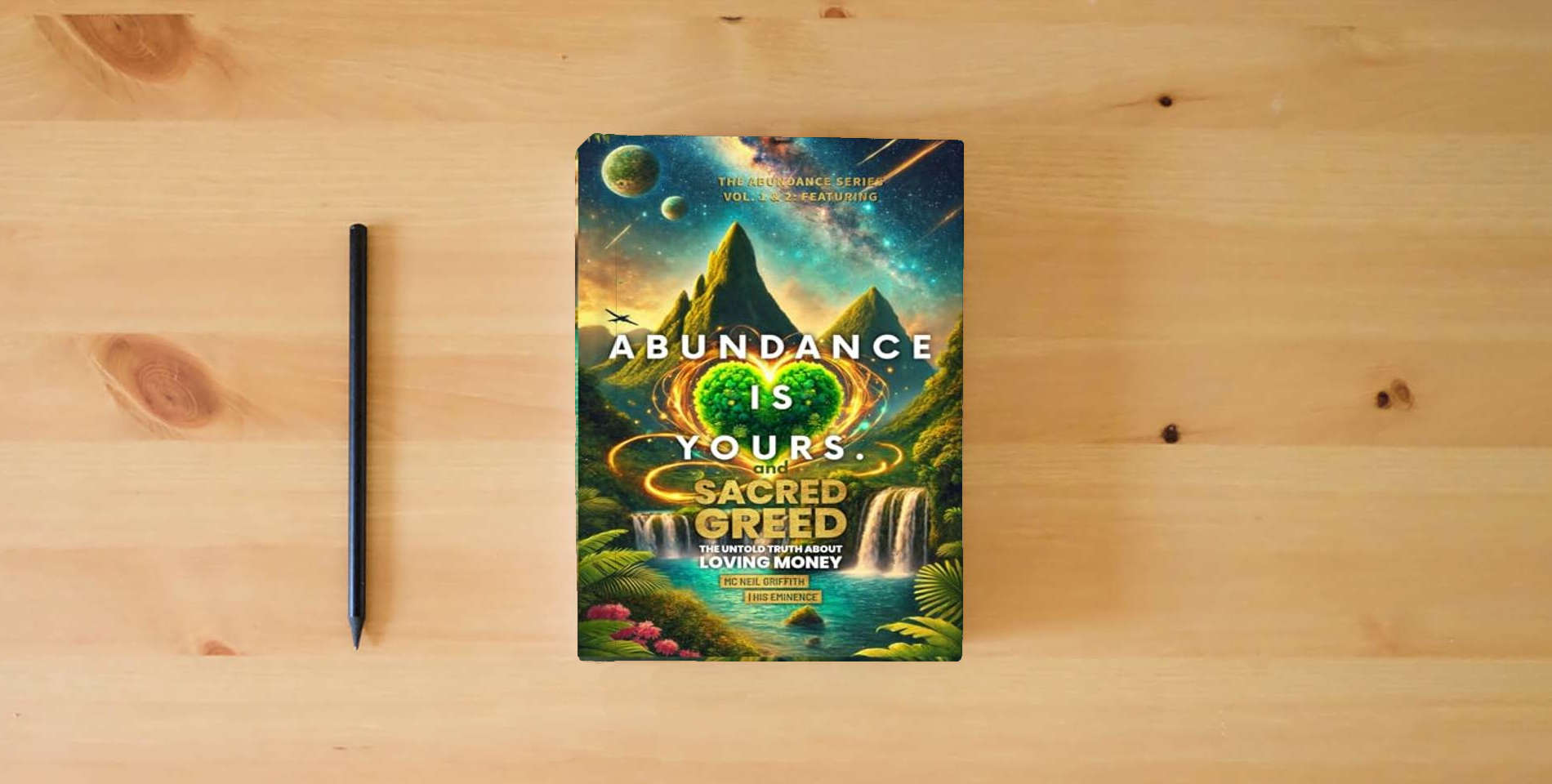 The book Abundance Is Yours: The Abundance Series Vol. 1 & 2: Featuring Sacred Greed – The Untold Truth About Loving Money is on the table