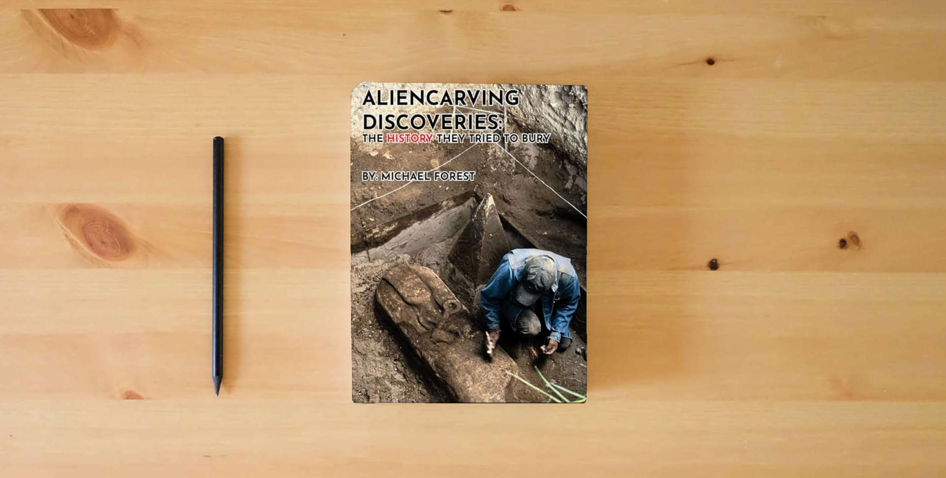 The book Aliencarving Discoveries: The History They Tried to Bury is on the table
