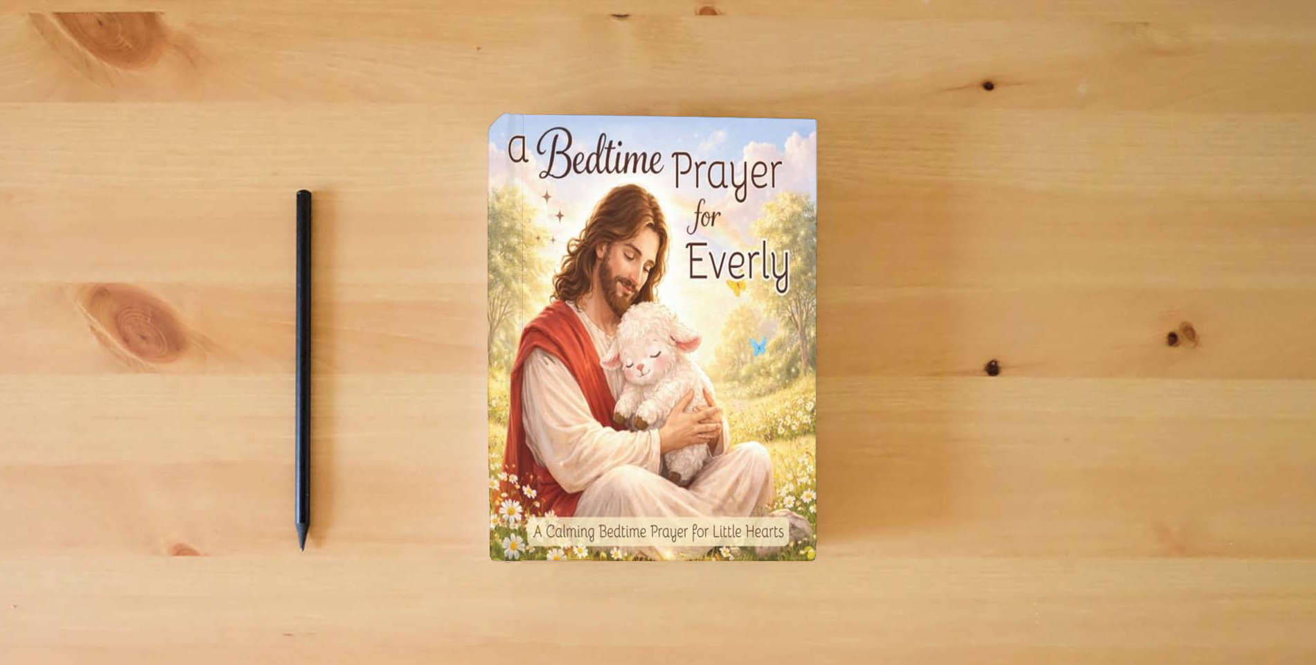The book A Bedtime Prayer for Everly: A Calming Bedtime Prayer for Little Hearts is on the table