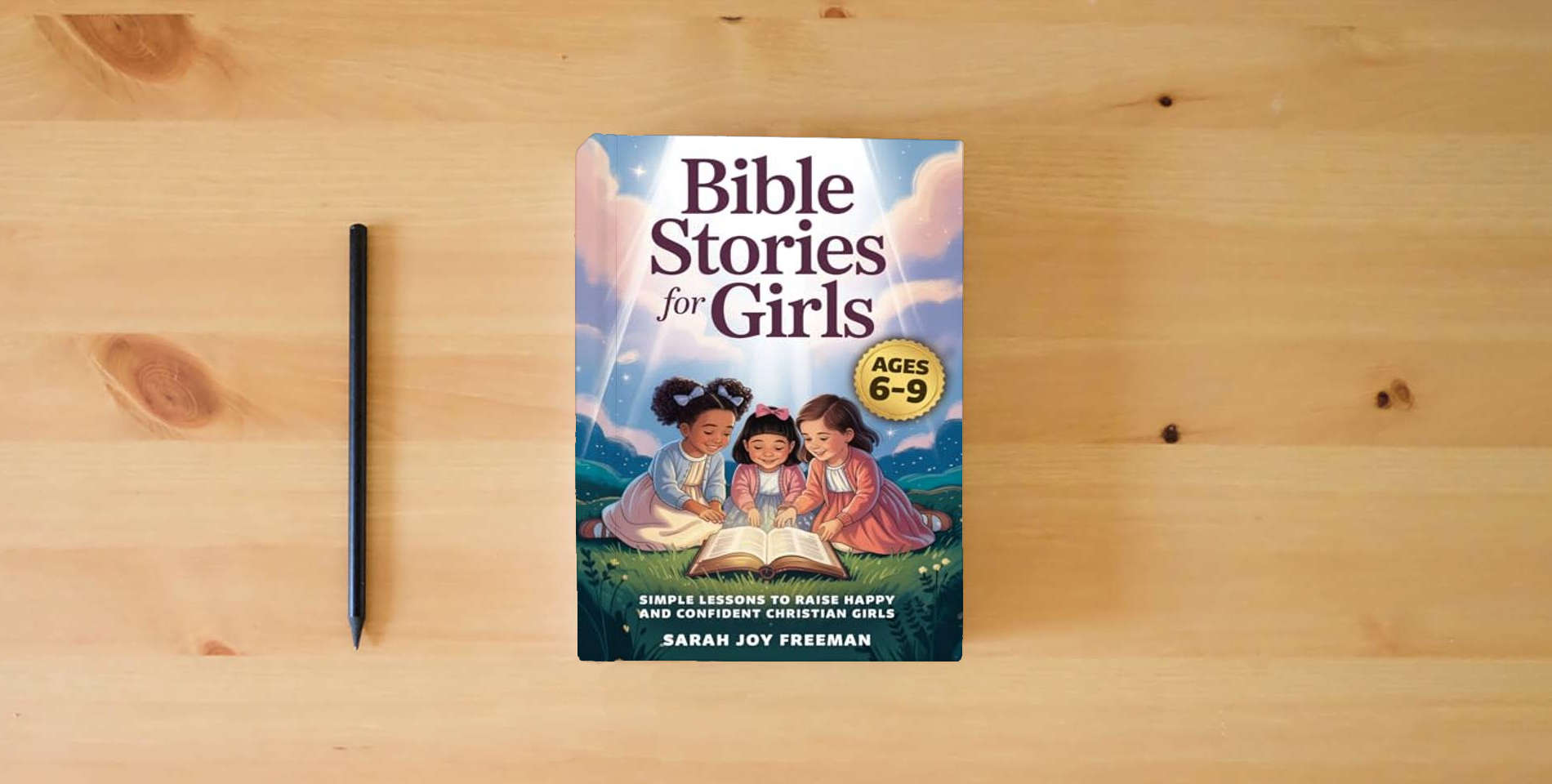 The book Bible Stories For Girls Ages 6-9: Simple Lessons To Raise Happy And Confident Christian Girls. Inspiring Stories Sharing Jesus' Love To Build A Beautiful Foundation Of Lifelong Faith is on the table