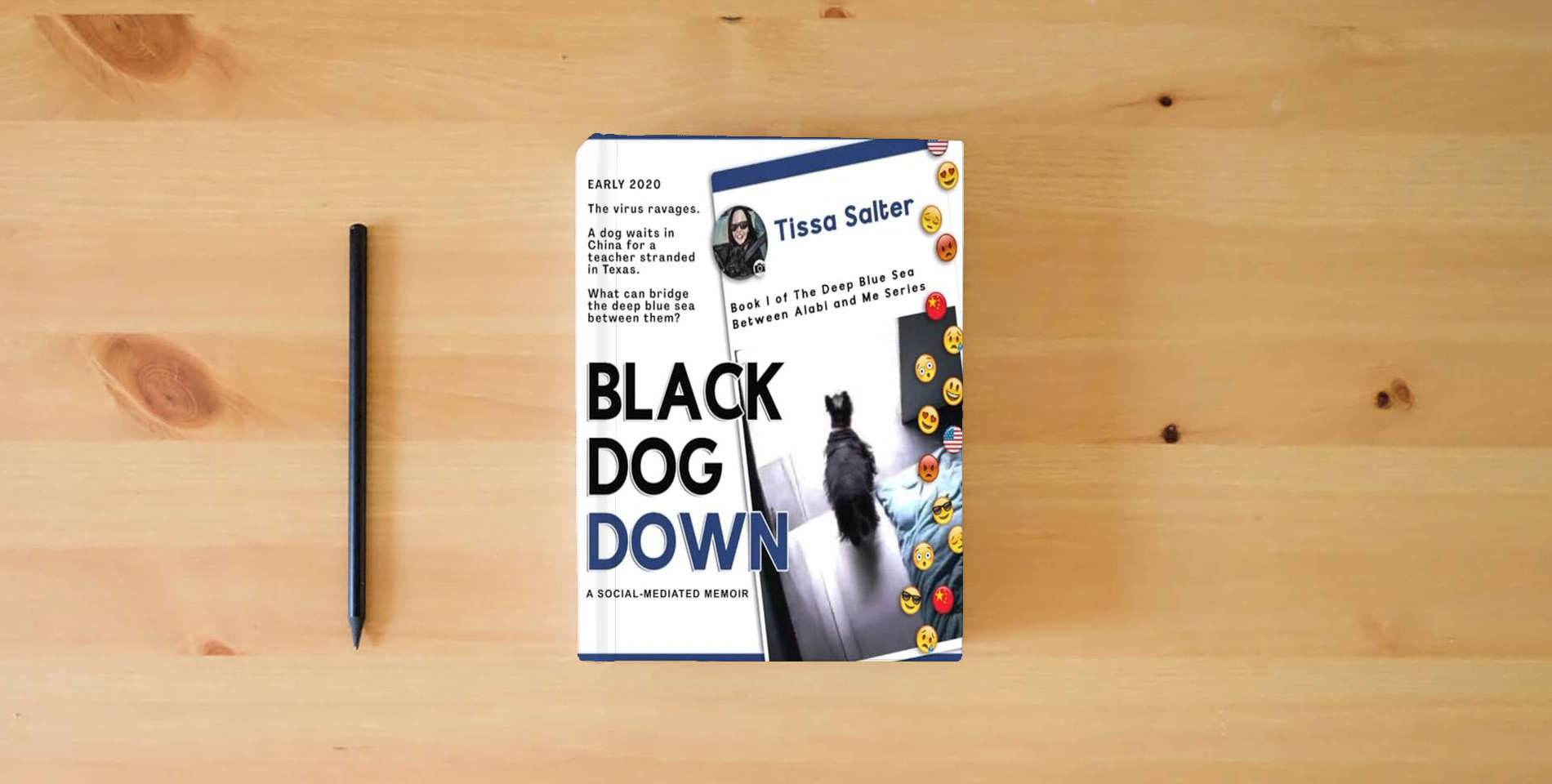 The book Black Dog Down: A Social-Mediated Memoir (The Deep Blue Sea Between Alabi and Me) is on the table