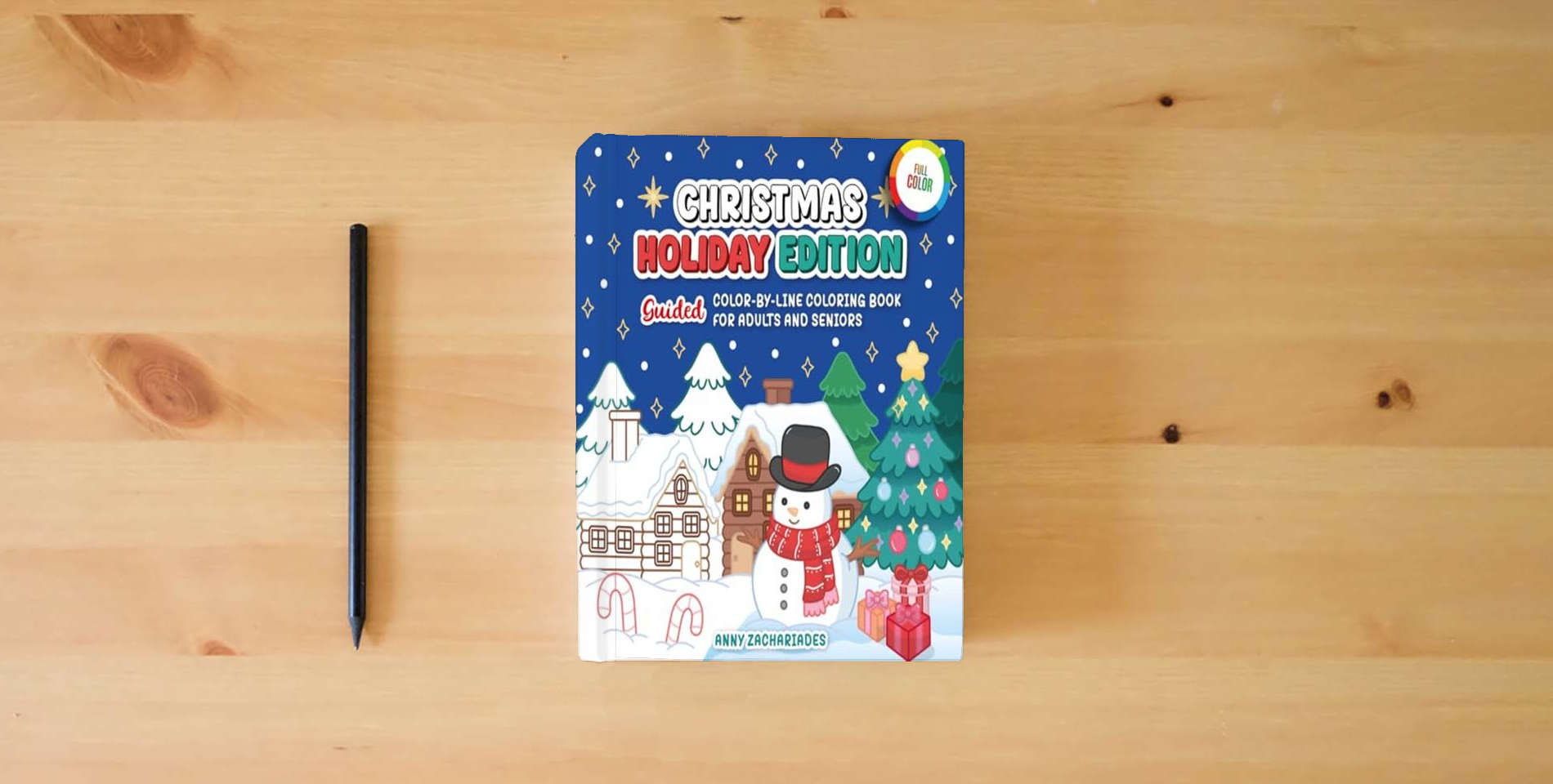 The book Color-by-Line Christmas Coloring Book for Adults and Seniors: Relaxing, Easy Holiday Designs with Pre-Colored Outlines for Mindfulness, Stress Relief, and Festive Fun is on the table
