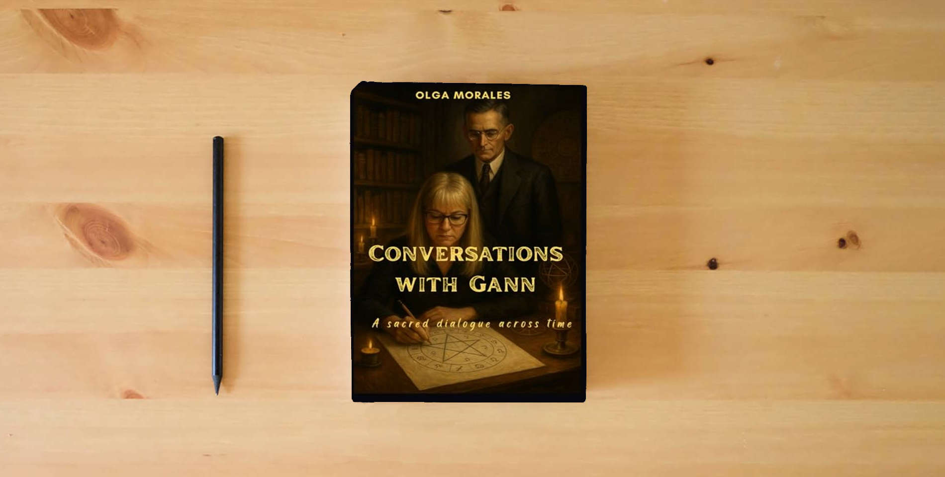 The book Conversations with Gann: A sacred dialogue across time is on the table