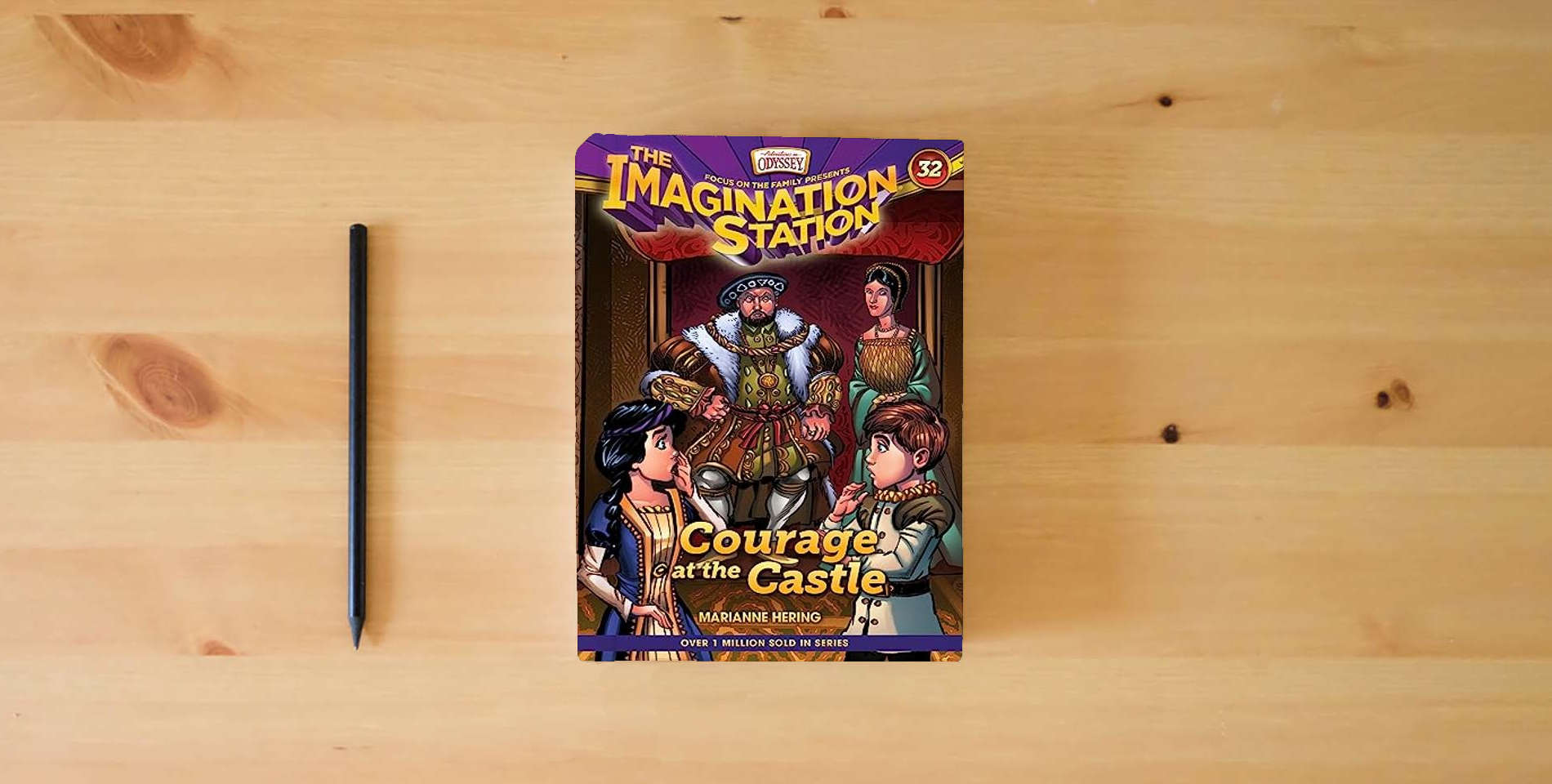 The book Courage at the Castle (AIO Imagination Station Books) is on the table