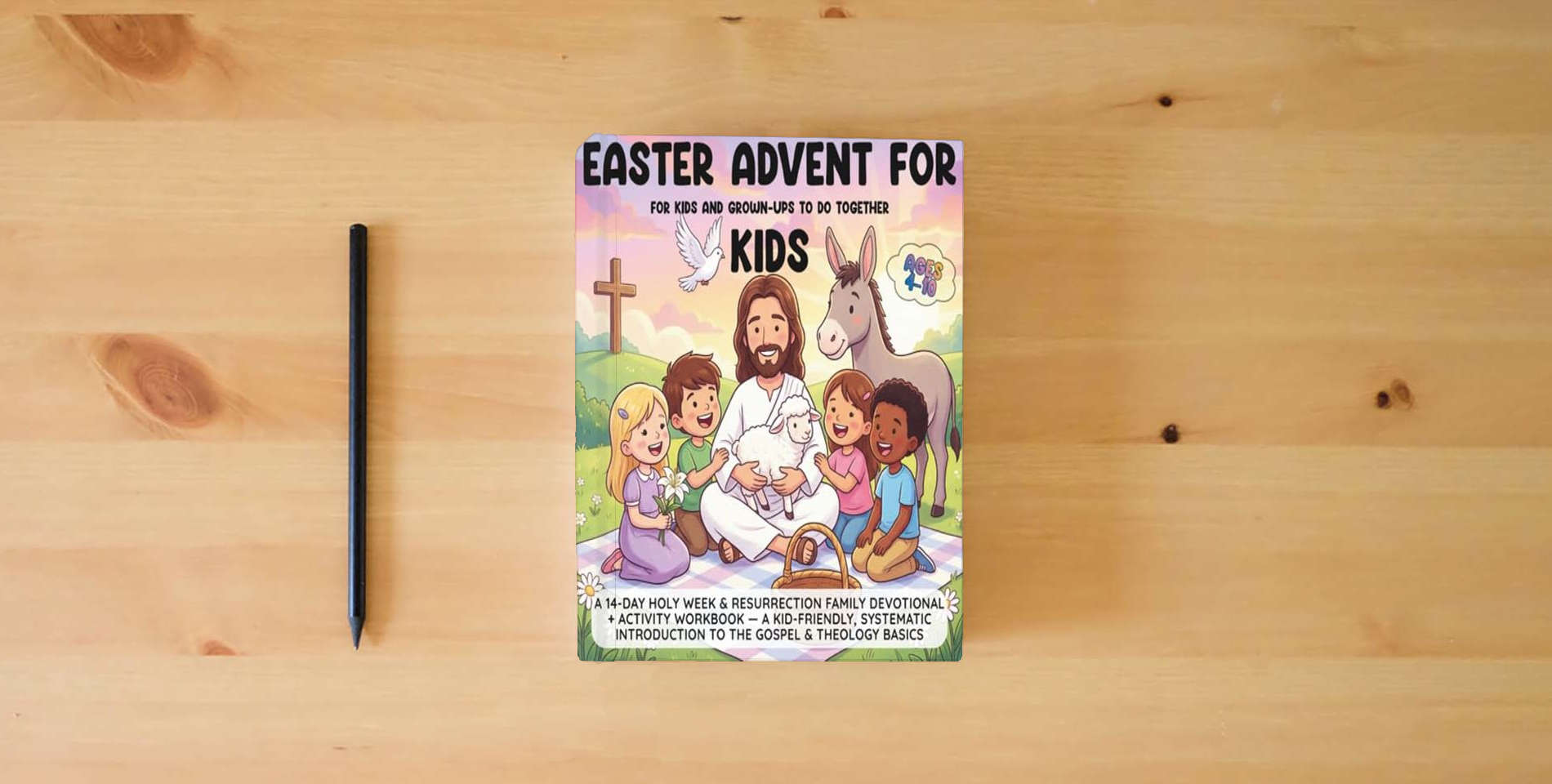 The book Easter Advent for Kids: A 14-Day Holy Week & Resurrection Family Devotional + Activity Workbook — A Kid-Friendly, Systematic Introduction to the Gospel & Theology Basics (Ages 4–10) is on the table