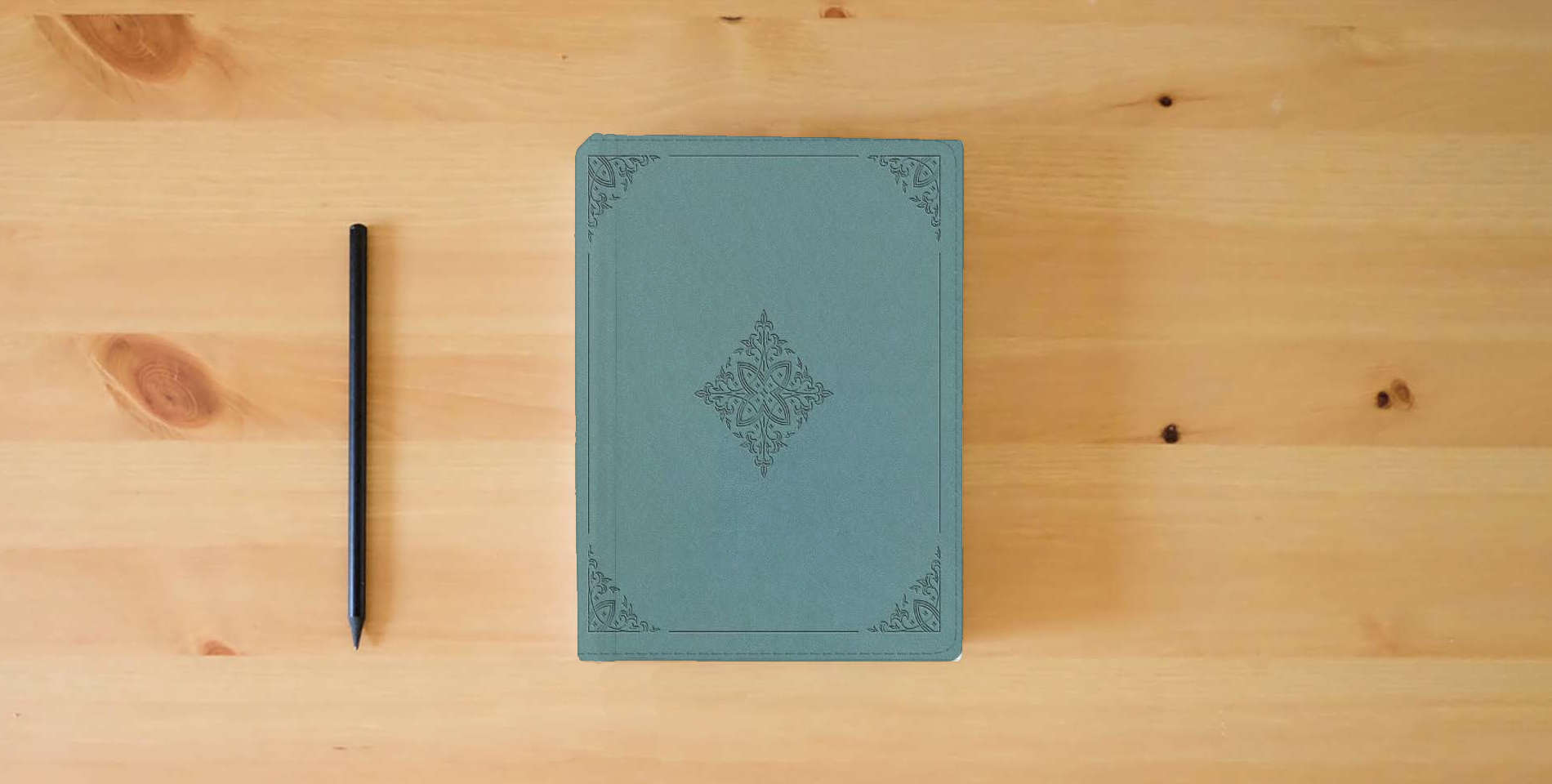 The book ESV Journaling Study Bible (TruTone over Board, Paris Sky, Fleur-de-lis Design) is on the table