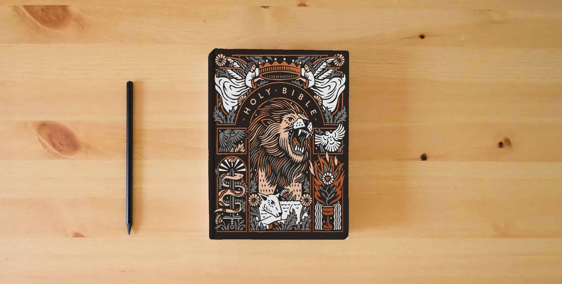 The book ESV Single Column Journaling Bible, Artist Series (Hardcover, Joshua Noom, The Lion and the Lamb) is on the table