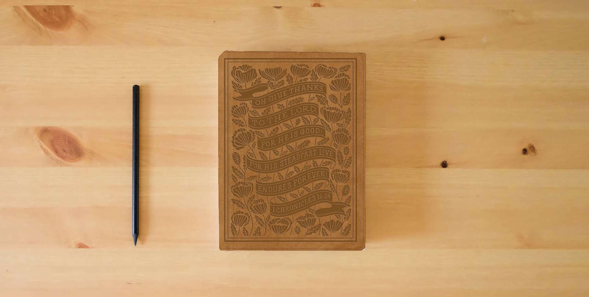 The book ESV Women's Study Bible (TruTone, Nubuck Caramel, 1 Chronicles 16:34 Design): Holy Bible, English Standard Version is on the table