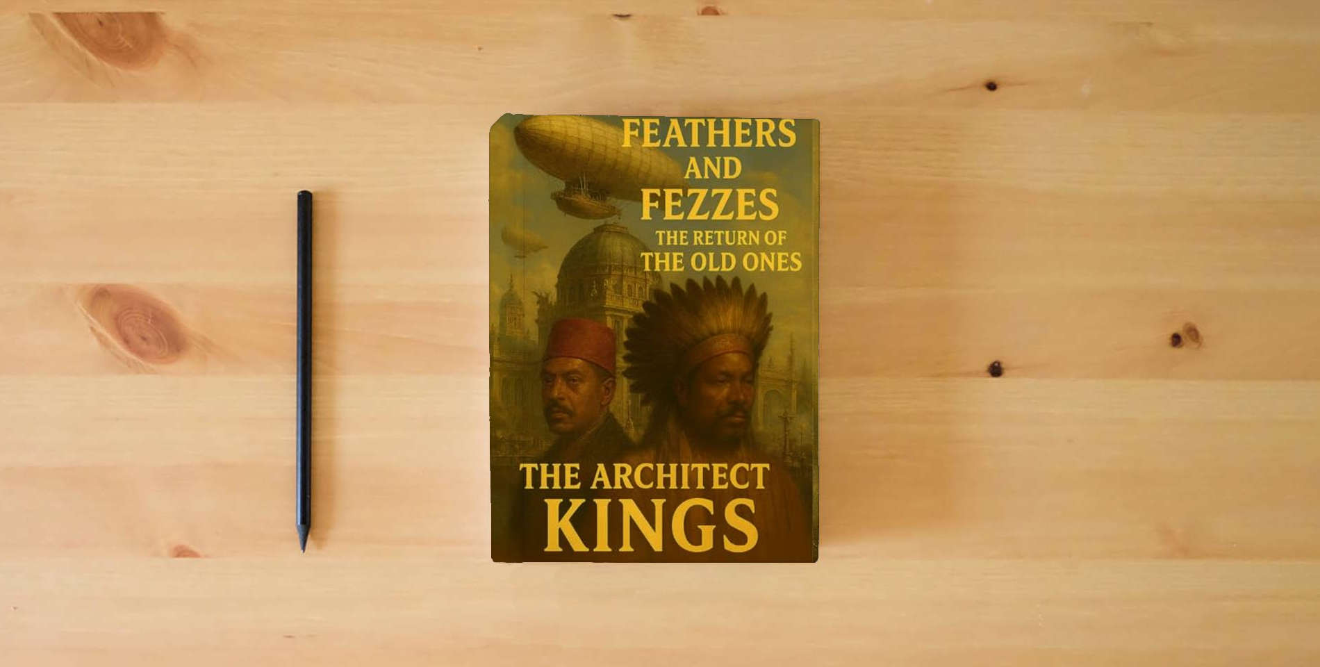 The book FEATHER & FEZZES THE RETURN OF THE OLD ONES: THE ARCHITECT KINGS is on the table