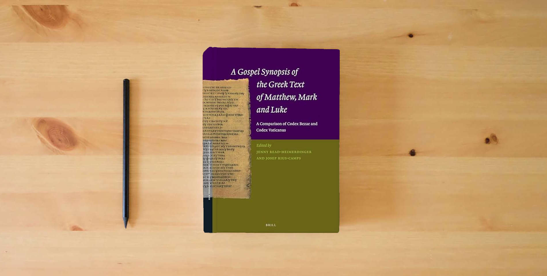 The book A Gospel Synopsis of the Greek Text of Matthew, Mark and Luke: A Comparison of Codex Bezae and Codex Vaticanus (New Testament Tools, Studies and Documents, 45) is on the table