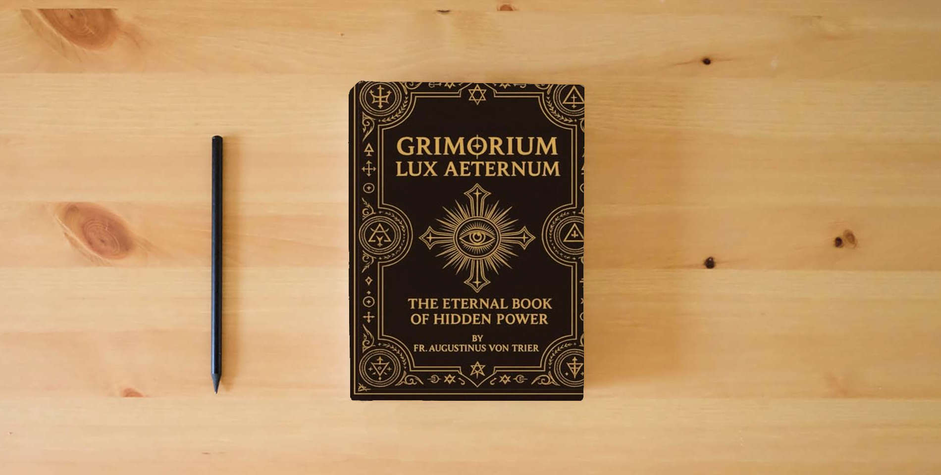 The book GRIMORIUM LUX AETERNUM is on the table