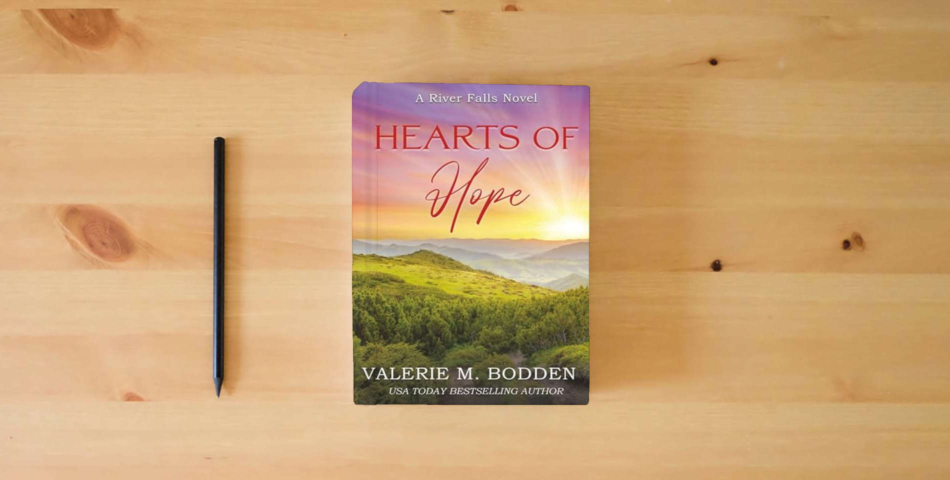 The book Hearts of Hope: A Christian Romance (River Falls) is on the table
