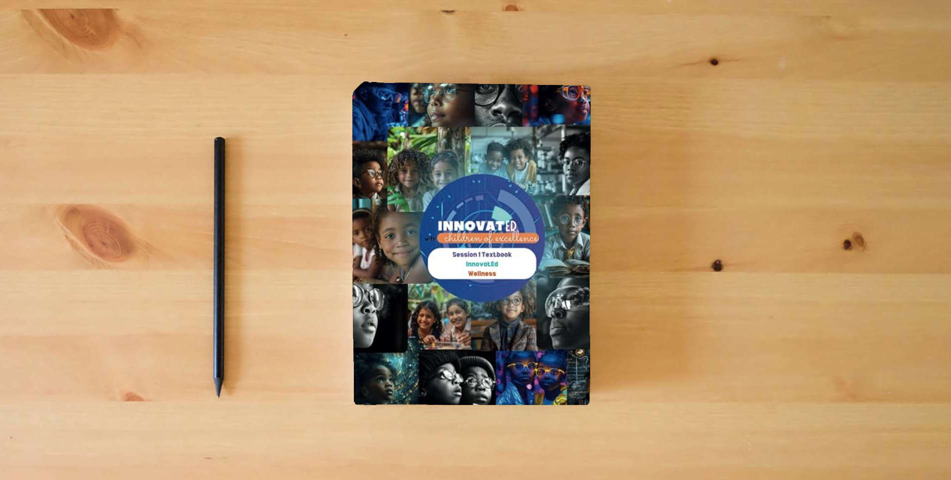 The book InnovatEd Curriculum Textbook: Children of Excellence Session 1: InnovatEd and Wellness Classes (InnovatEd Primary School Curriculum Books) is on the table