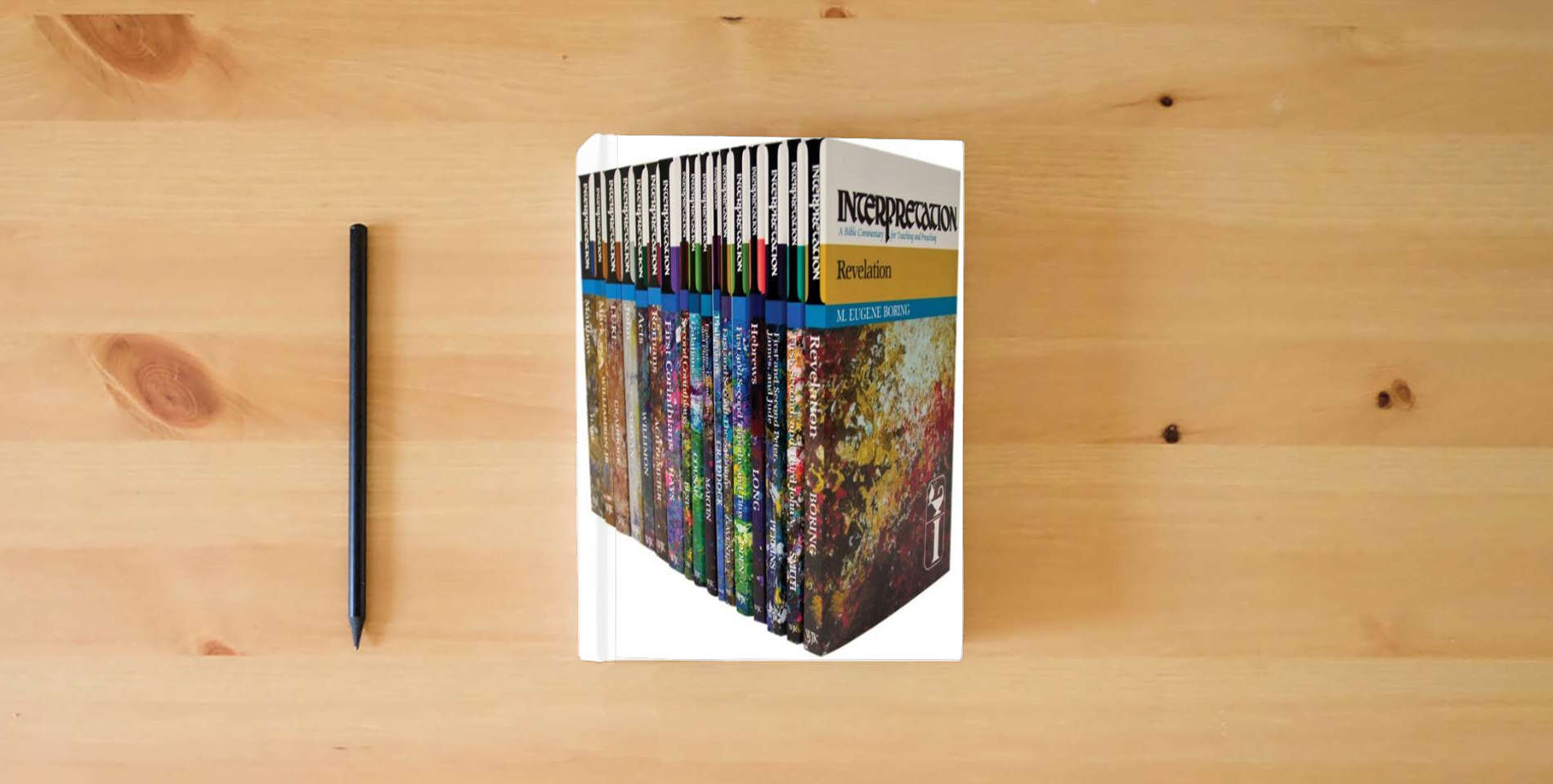 The book Interpretation, New Testament Series Set (17 volume sets) (Interpretation: a Bible Commentary for Teaching and Preaching) is on the table