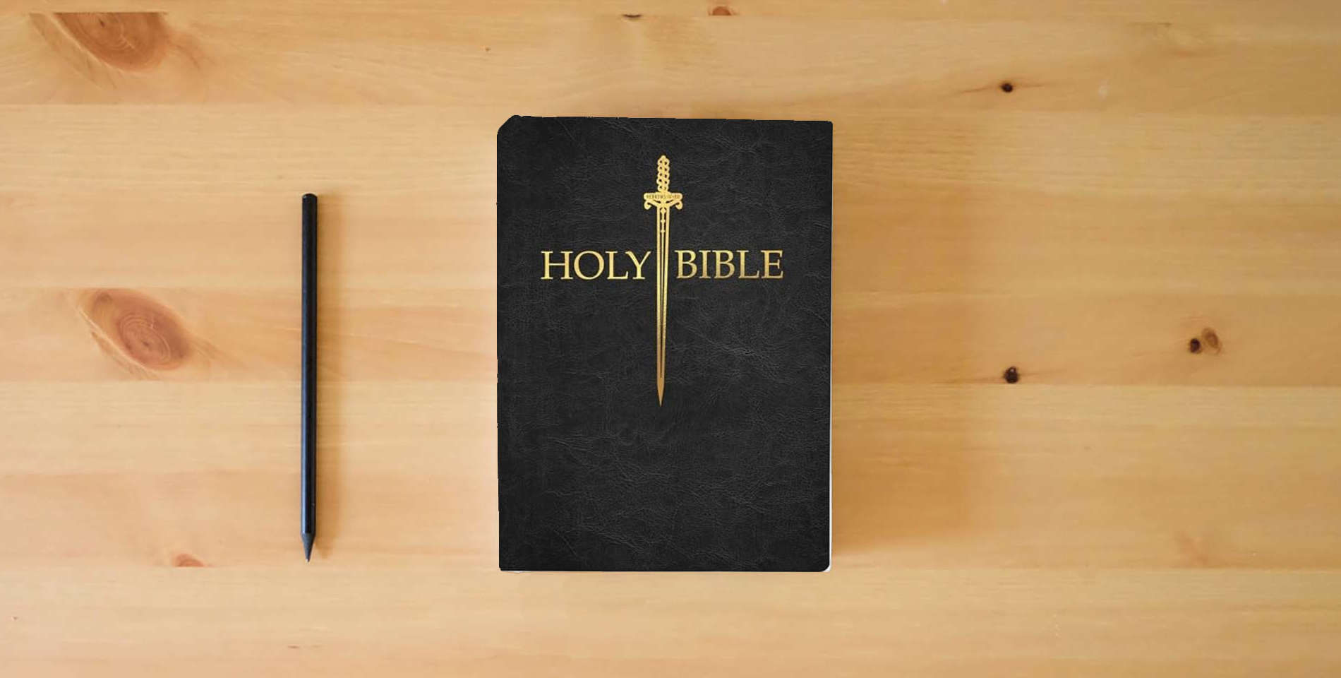 The book KJV Sword Bible, Large Print, Black Genuine Leather, Thumb Index: (Red Letter, Premium Cowhide, 1611 Version) (King James Version Sword Bible) is on the table