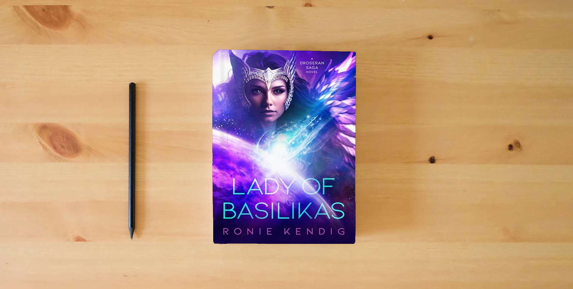The book Lady of Basilikas: A Droseran Saga Novel (Volume 5) (The Droseran Saga) is on the table