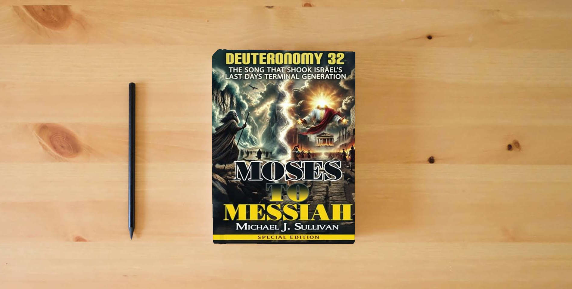 The book Moses to Messiah Deuteronomy 32: The Song that Shook Israel's Last Days Terminal Generation - Special Edition is on the table