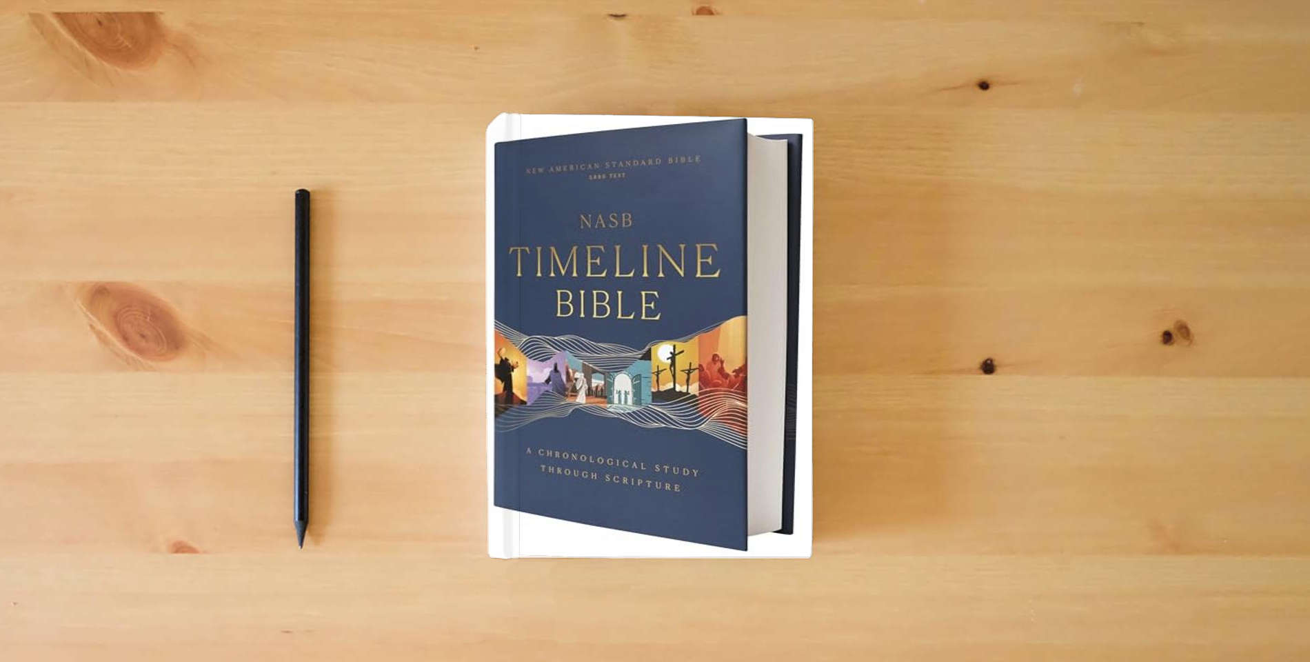 The book NASB, Timeline Bible, Hardcover, Red Letter, 1995 Text, Comfort Print: A Chronological Journey through Scripture is on the table