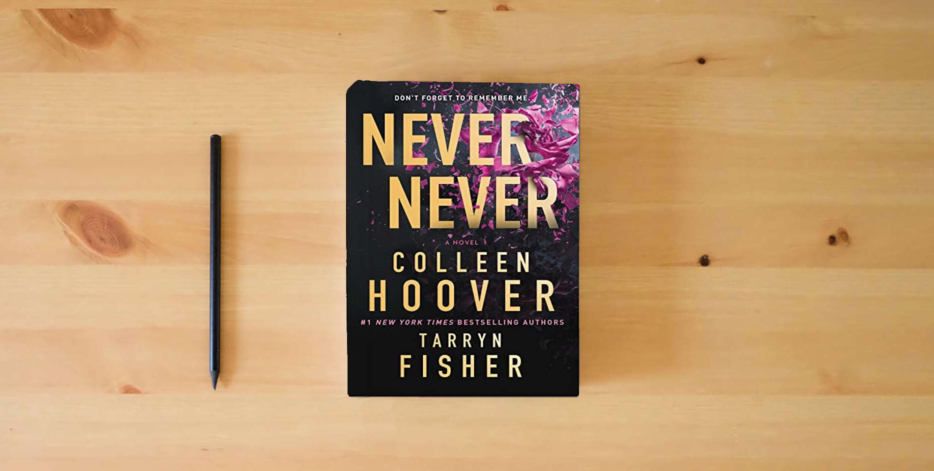 The book Never Never: A Romantic Suspense Novel of Love and Fate is on the table