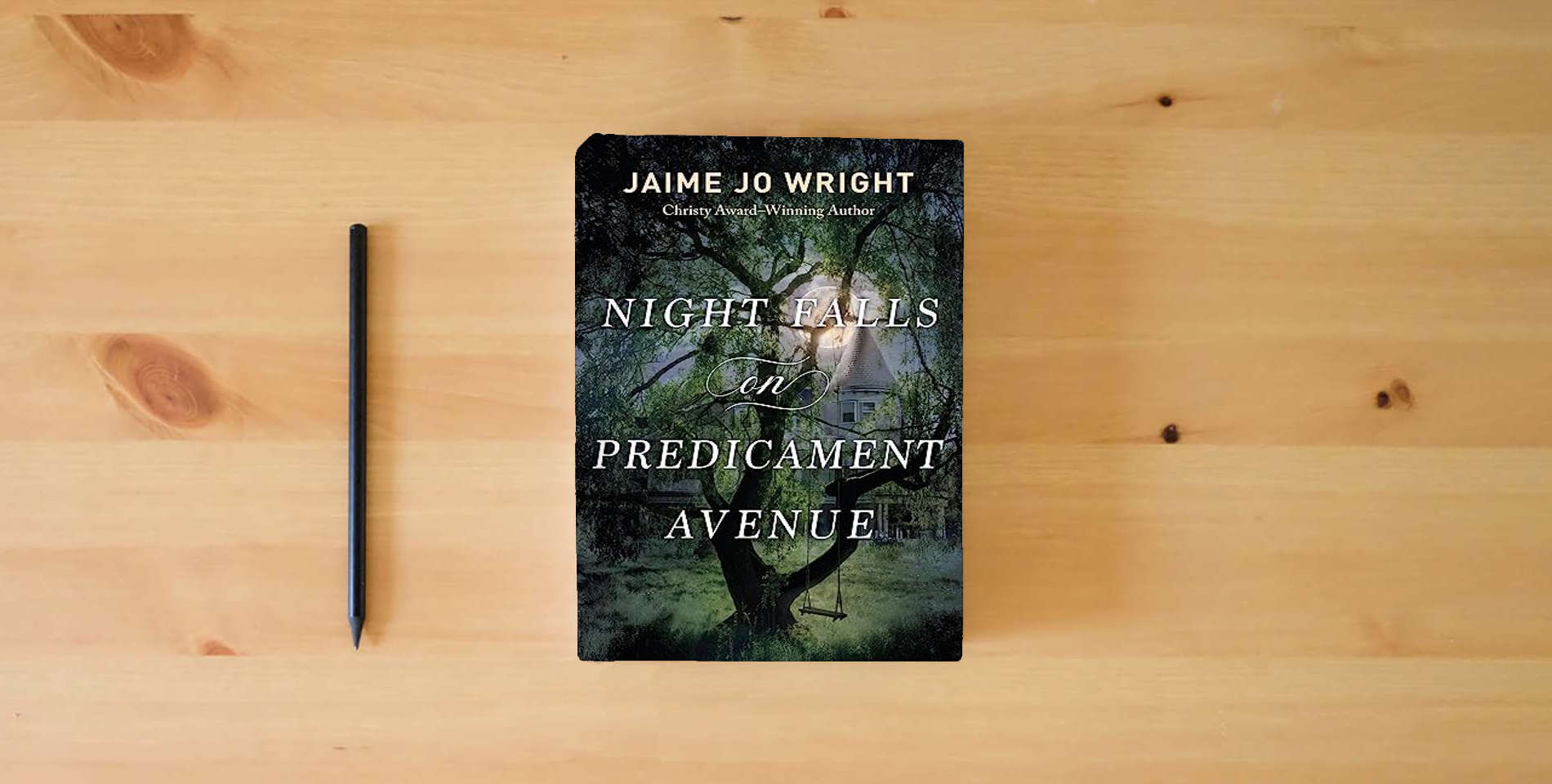 The book Night Falls on Predicament Avenue is on the table
