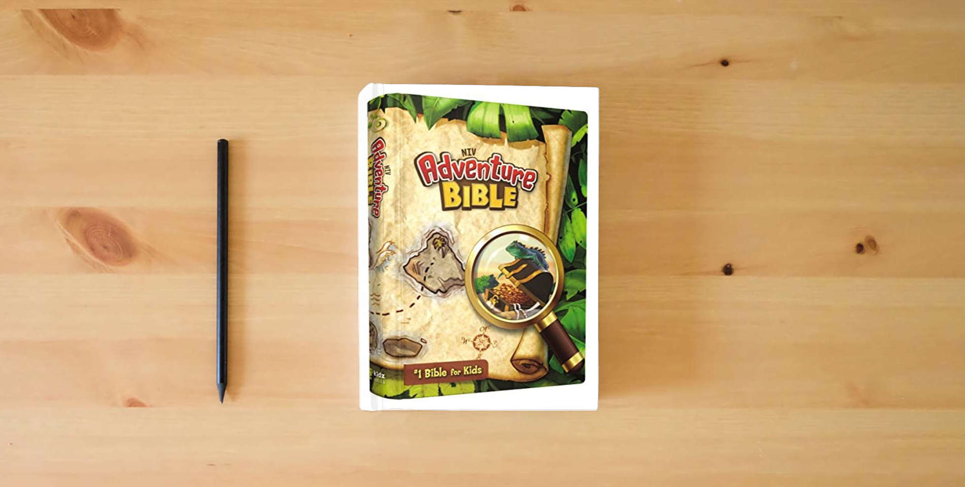 The book NIV, Adventure Bible, Hardcover, Full Color is on the table