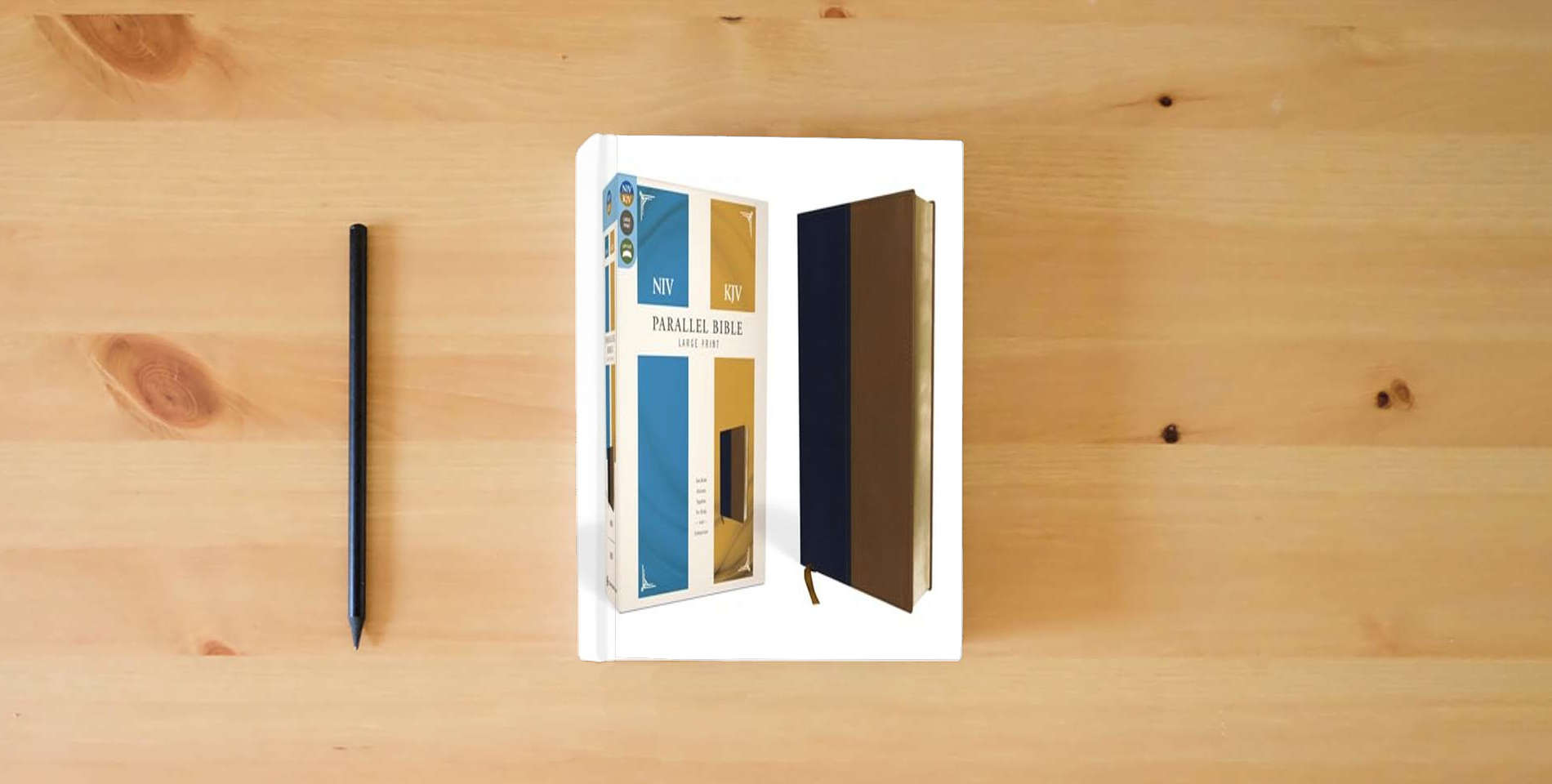 The book NIV, KJV, Parallel Bible, Large Print, Leathersoft, Navy/Tan: The World's Two Most Popular Bible Translations Together is on the table