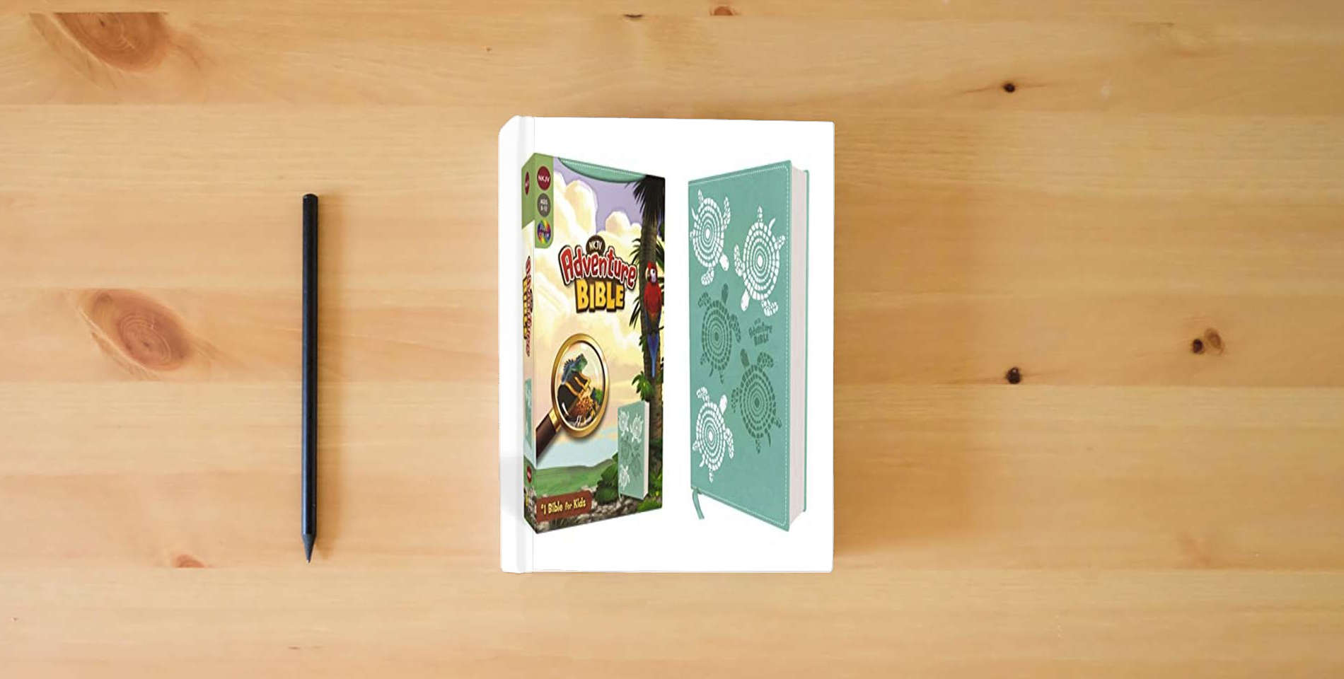 The book NKJV, Adventure Bible, Leathersoft, Teal, Full Color is on the table