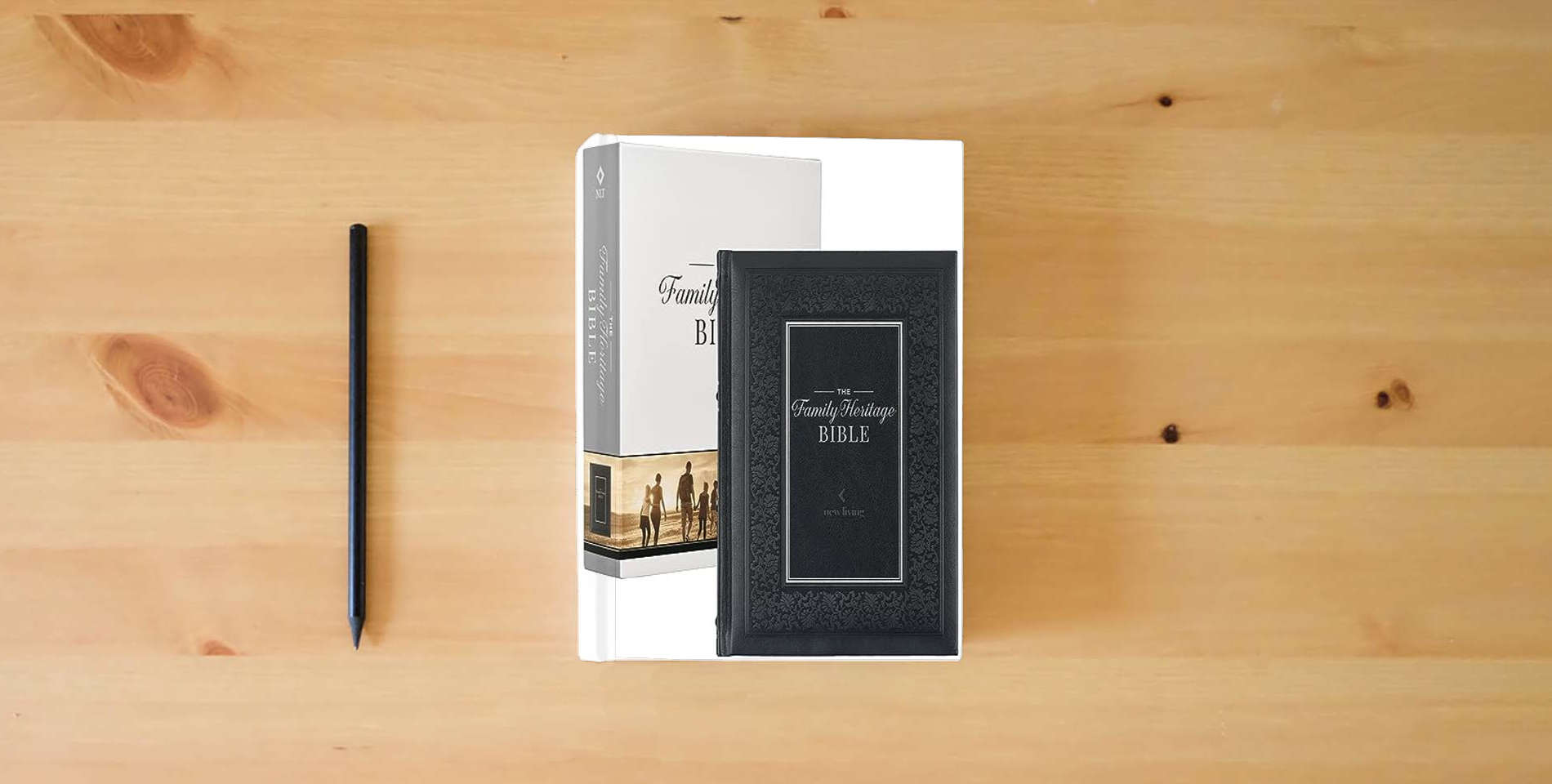 The book NLT Family Heritage Bible, Large Print Family Heirloom Devotional Bible for Study, New Living Translation Holy Bible Vegan Leather Hardcover, ... Content, Black (NLT Family Heritage Editions) is on the table