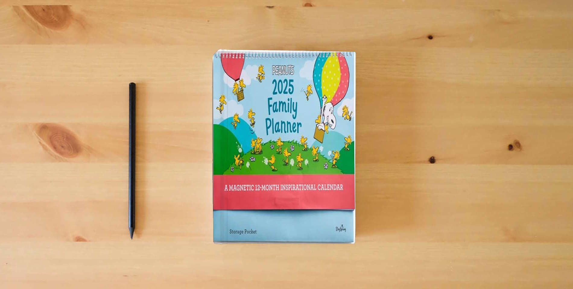 The book Peanuts: 2025 Inspirational Family Planner is on the table