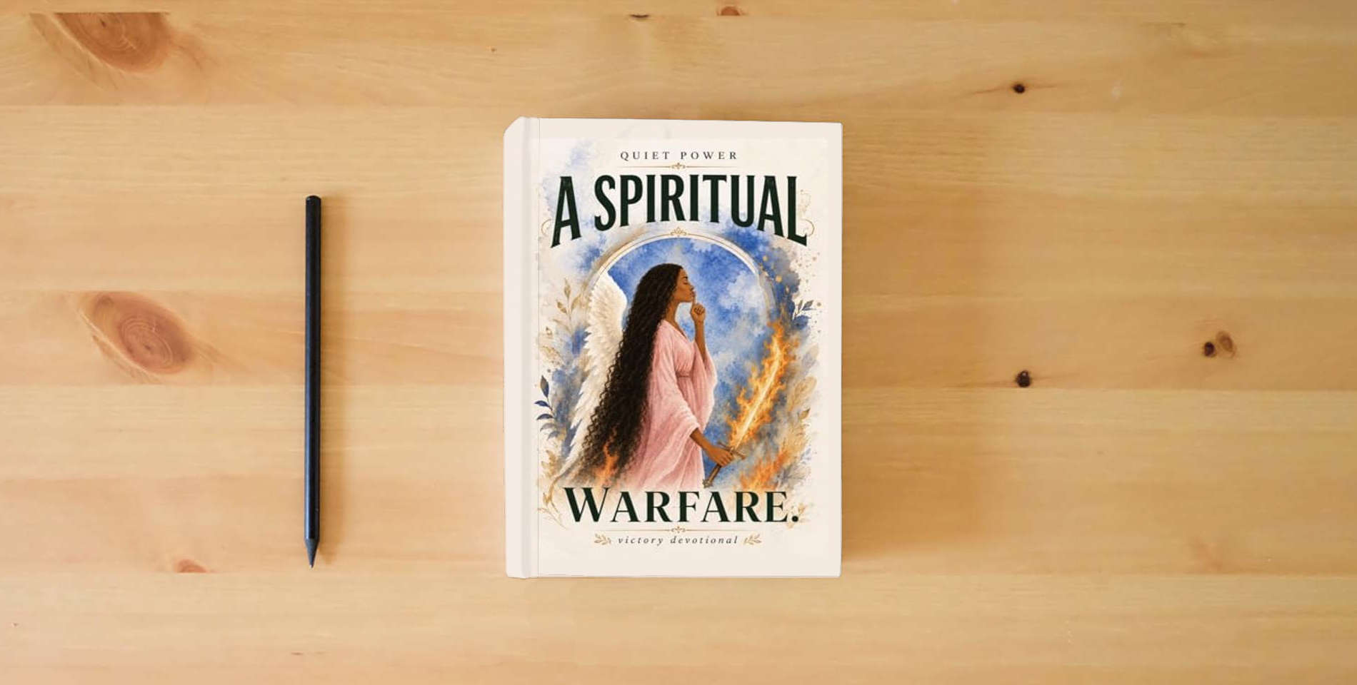 The book Quiet Power: A Spiritual Warfare Victory Devotional (Her Faith Devotional Series) is on the table