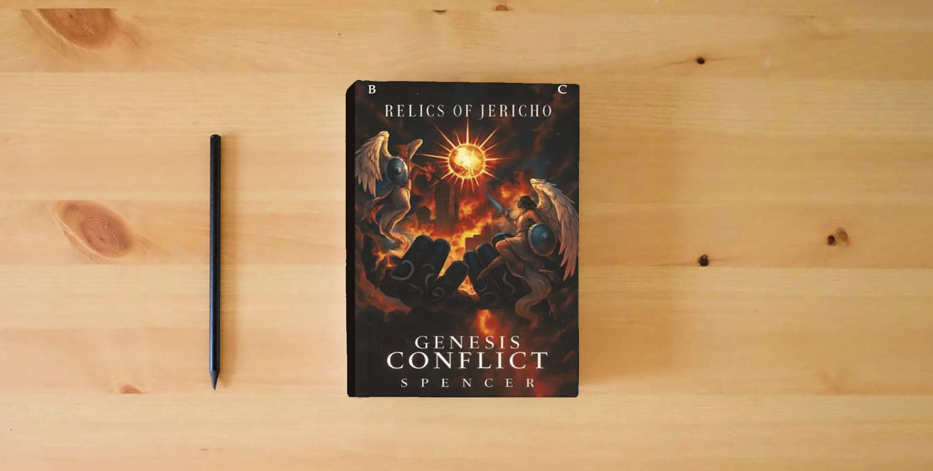 The book Relics Of Jericho: Genesis Conflict is on the table