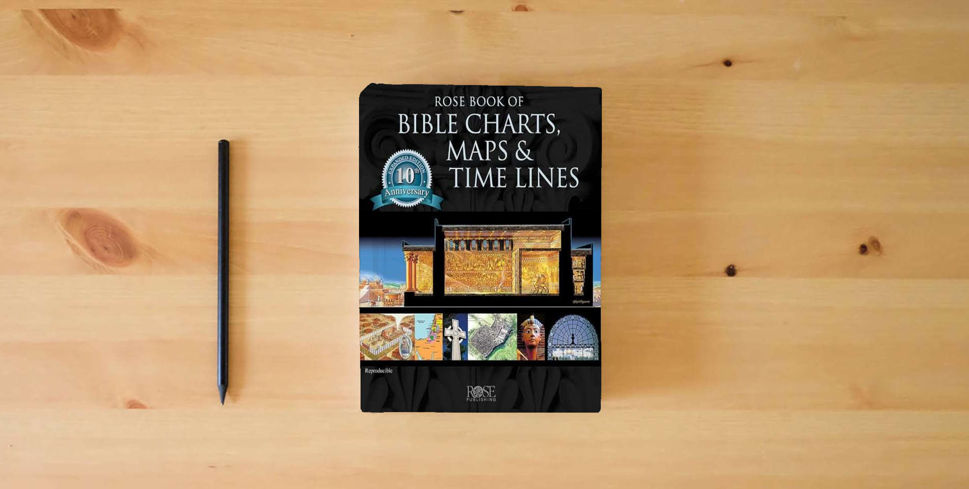 The book Rose Book of Bible Charts, Maps, and Time Lines is on the table
