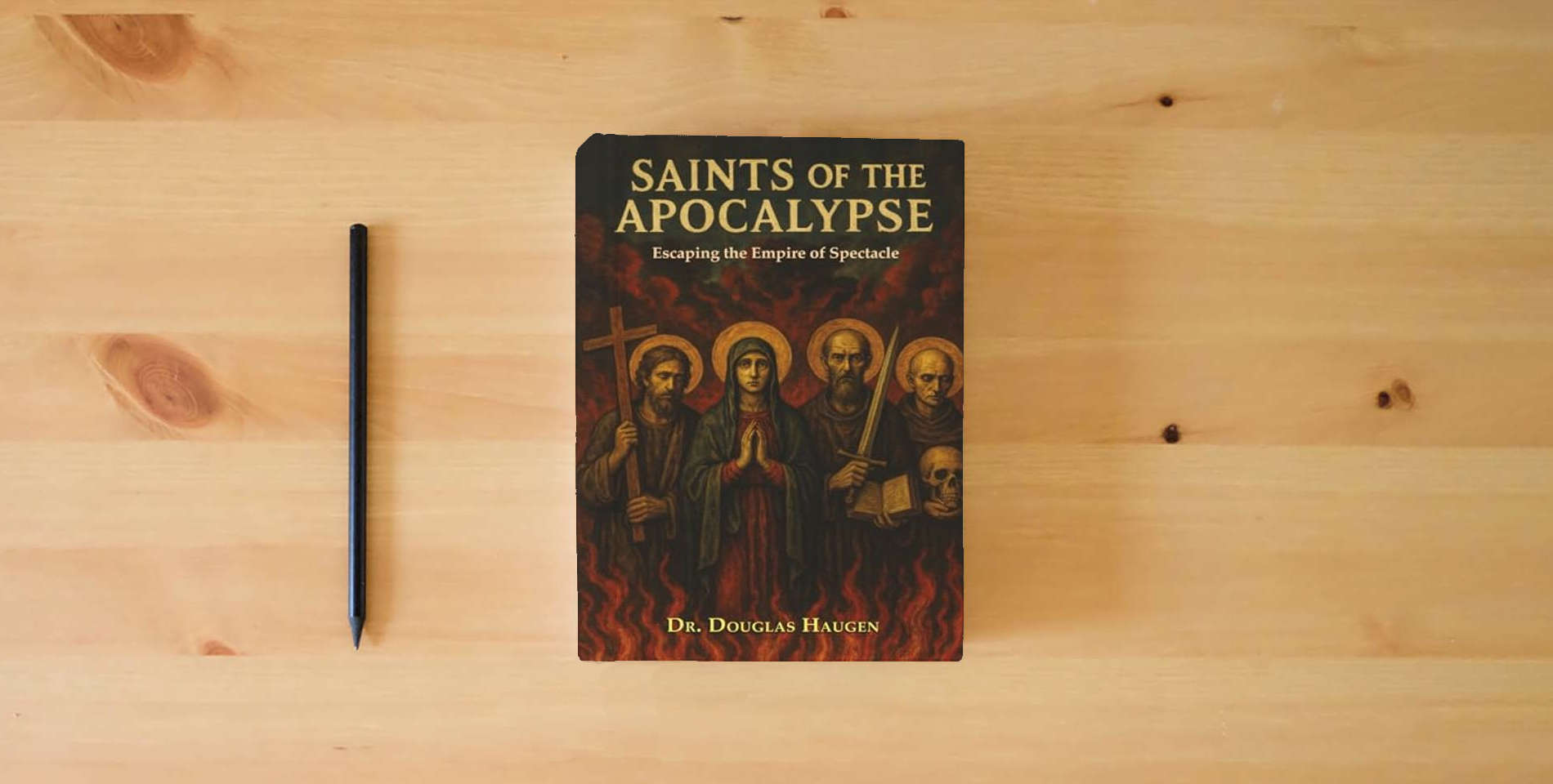 The book Saints of the Apocalypse: Escaping the Empire of Spectacle is on the table