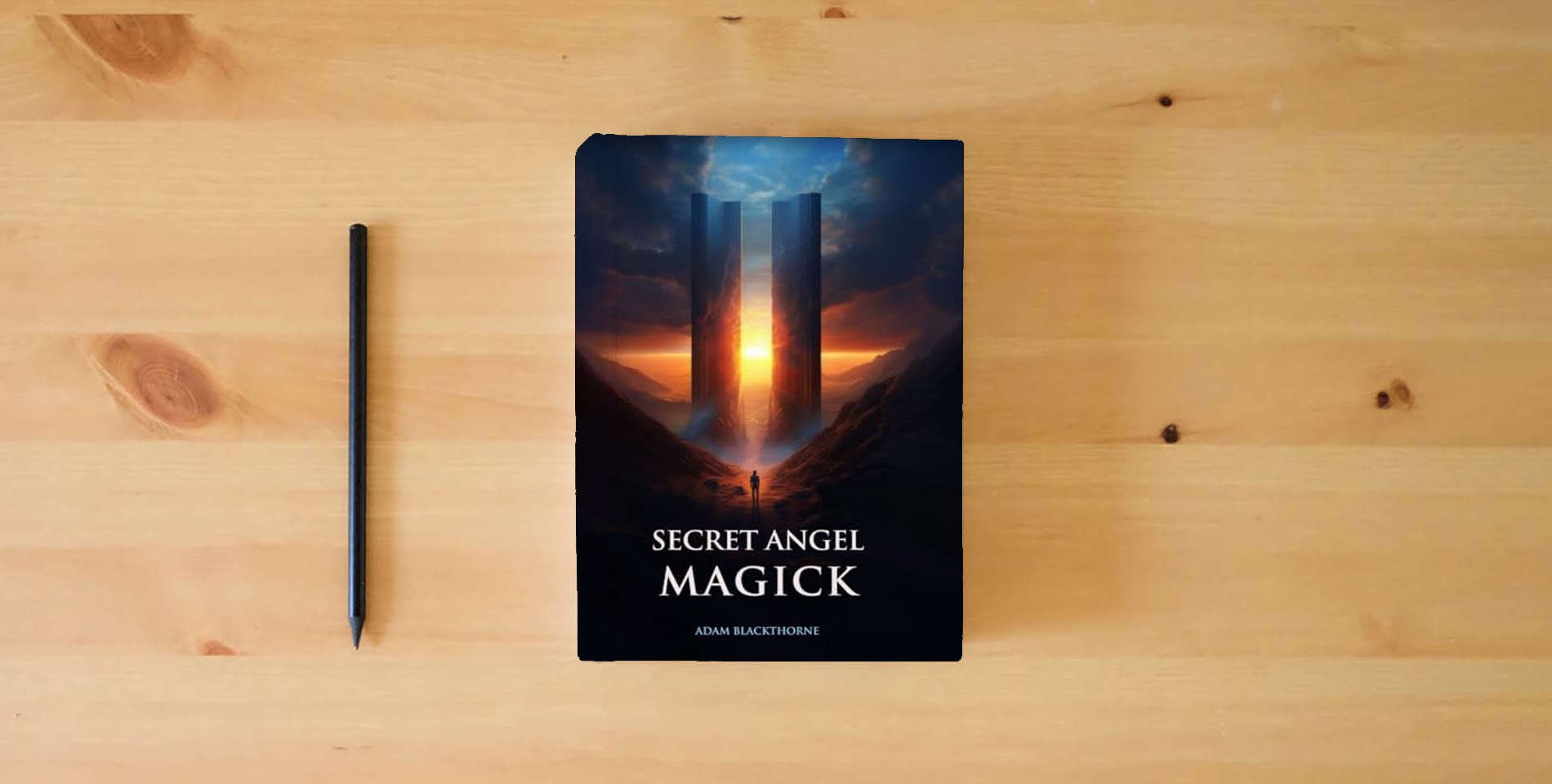 The book Secret Angel Magick (Gallery of Magick Books by Adam Blackthorne) is on the table