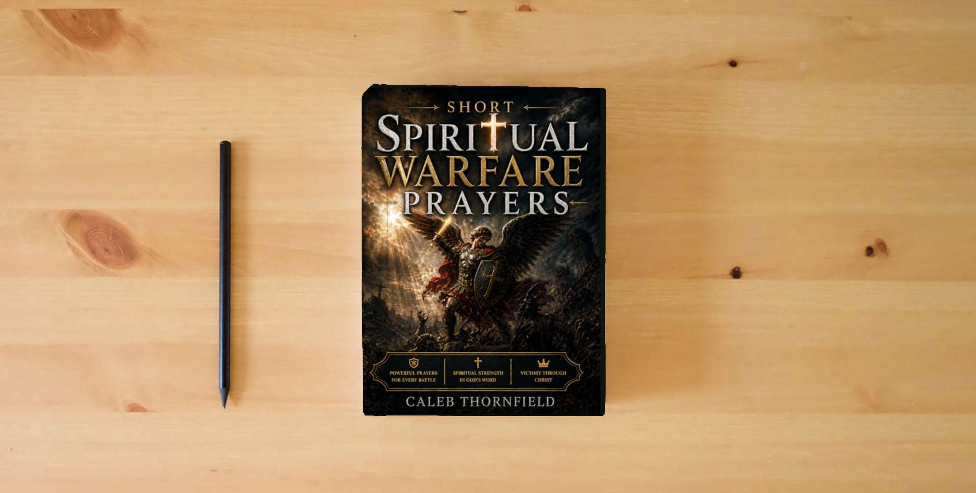 The book Short Spiritual Warfare Prayers: A 5-Minute Battle Plan | Powerful Prayers to Defeat the Enemy Even in Your Darkest Days is on the table