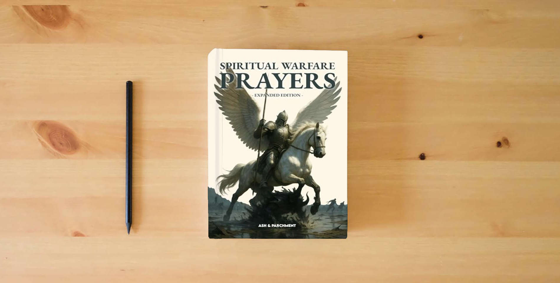 The book Spiritual Warfare Prayers: Expanded Edition - 100+ Powerful Scripture-Based Prayers for Protection, Deliverance, Healing & Breakthrough is on the table