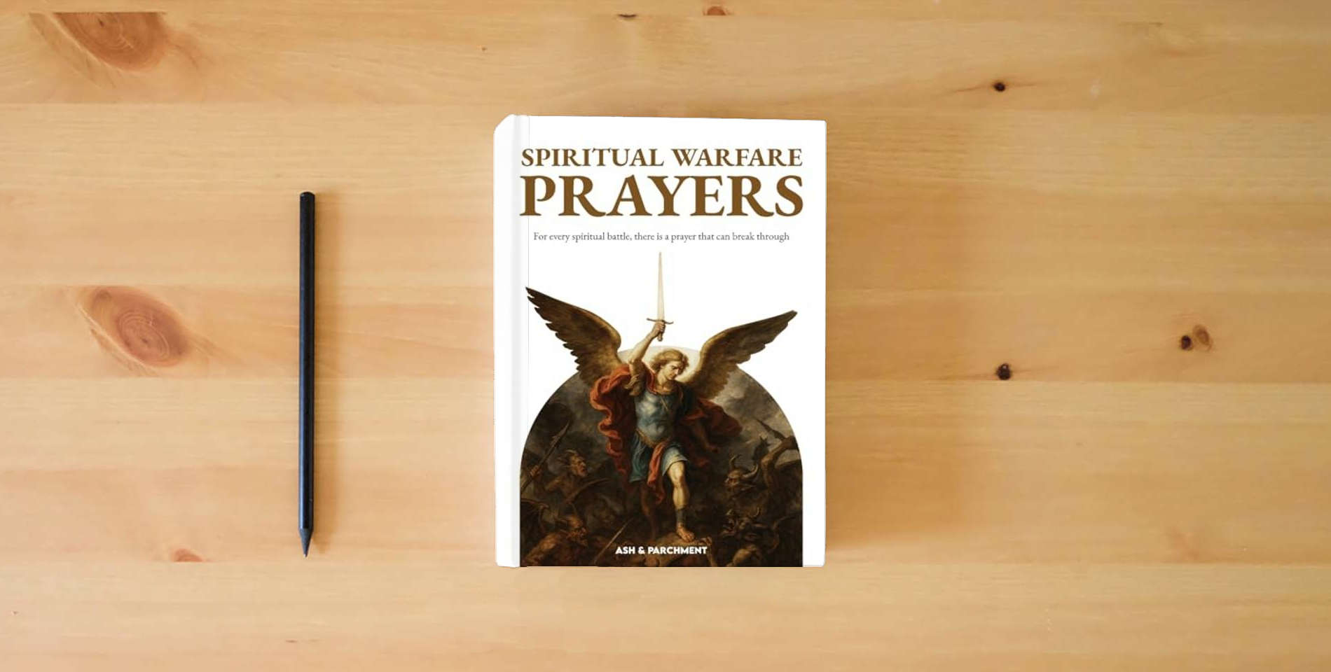 The book Spiritual Warfare Prayers: A Prayer and Devotional Guide for Strength, Courage, and Breakthrough in Life’s Battles is on the table