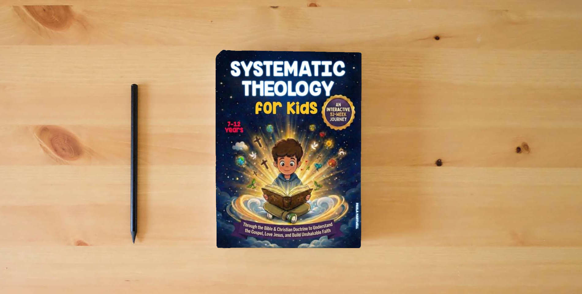 The book Systematic Theology for Kids: An Interactive 52-Week Journey Through the Bible & Christian Doctrine to Understand the Gospel, Love Jesus, and Build Unshakable Faith is on the table