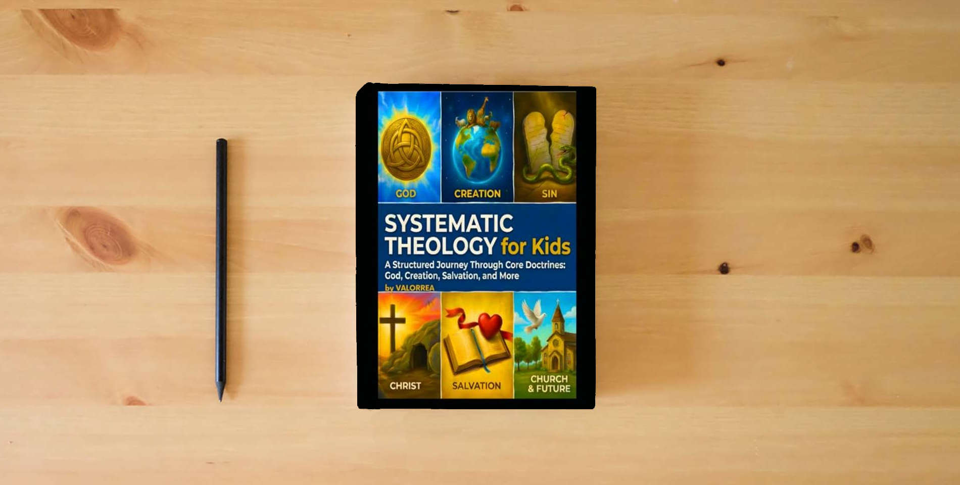 The book Systematic Theology for Kids: 52-Week Workbook is on the table