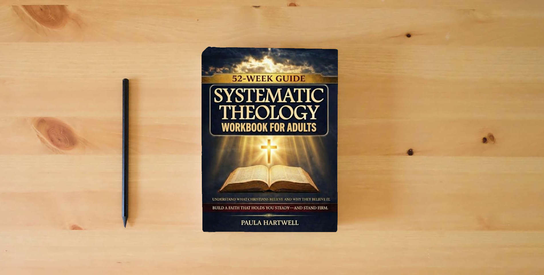 The book Systematic Theology Workbook for Adults: 52 Weeks to Understand What Christians Believe and Why They Believe It. Build a Faith That Holds You Steady—and Stand Firm is on the table