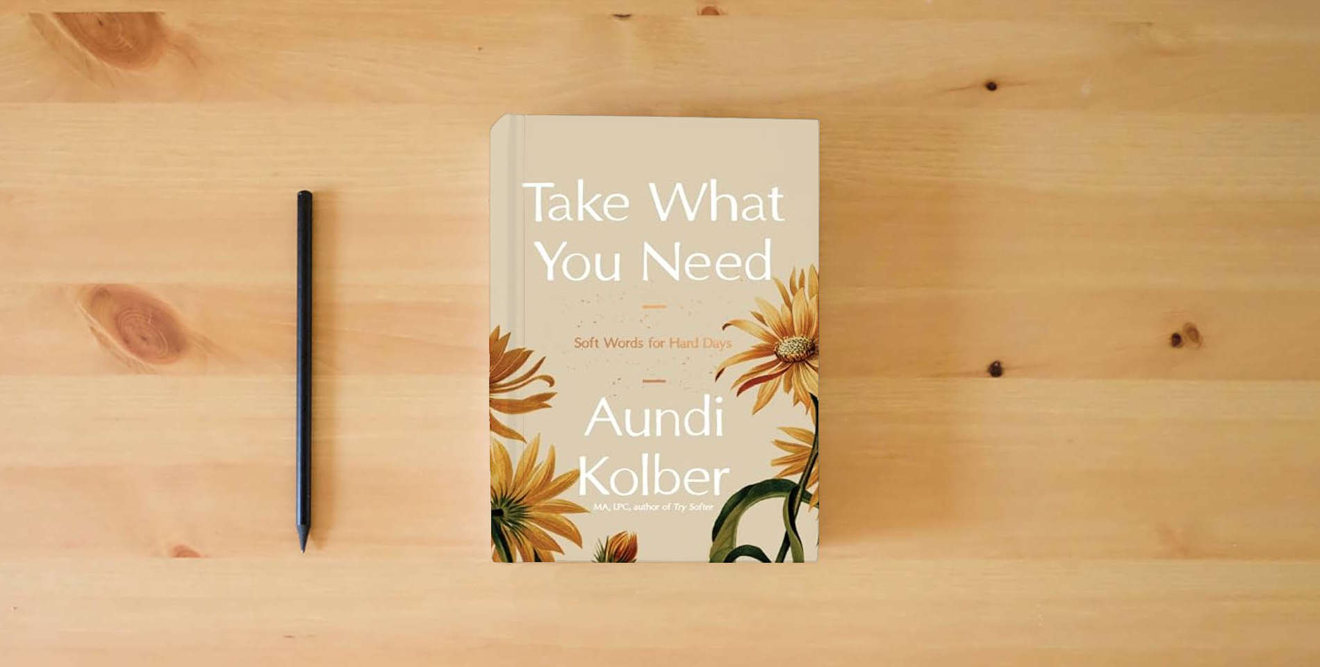 The book Take What You Need: Soft Words for Hard Days is on the table