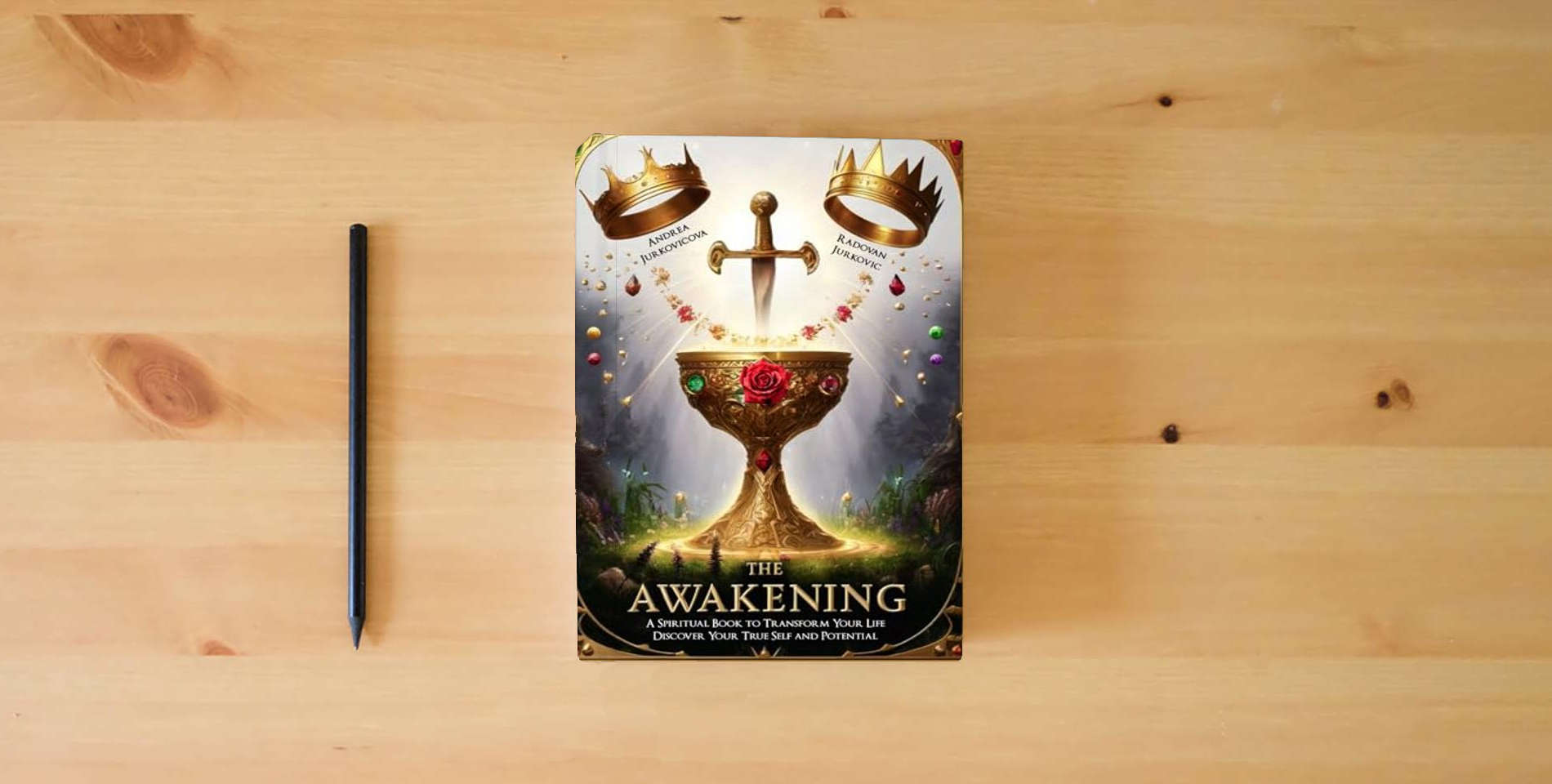 The book The Awakening: A Spiritual Book to Transform Your Life. Discover Your True Self and Potential is on the table