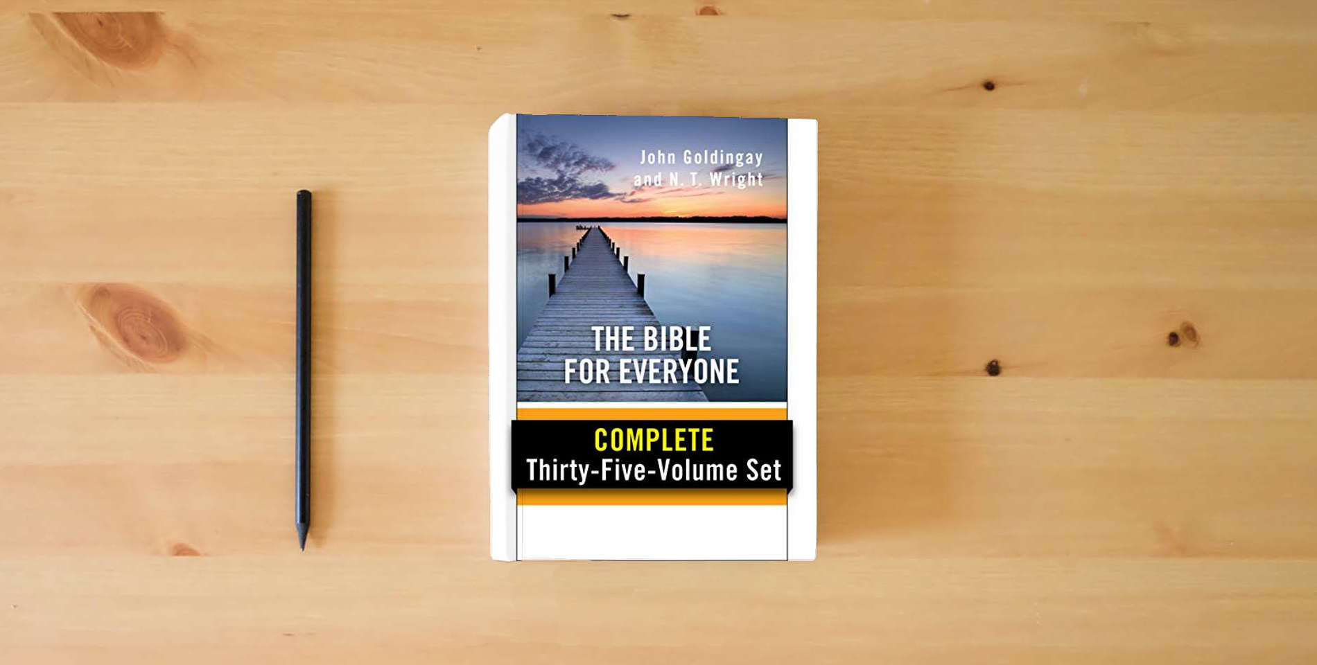 The book The Bible for Everyone Set: Complete Thirty-Five-Volume Set (The New Testament for Everyone) is on the table