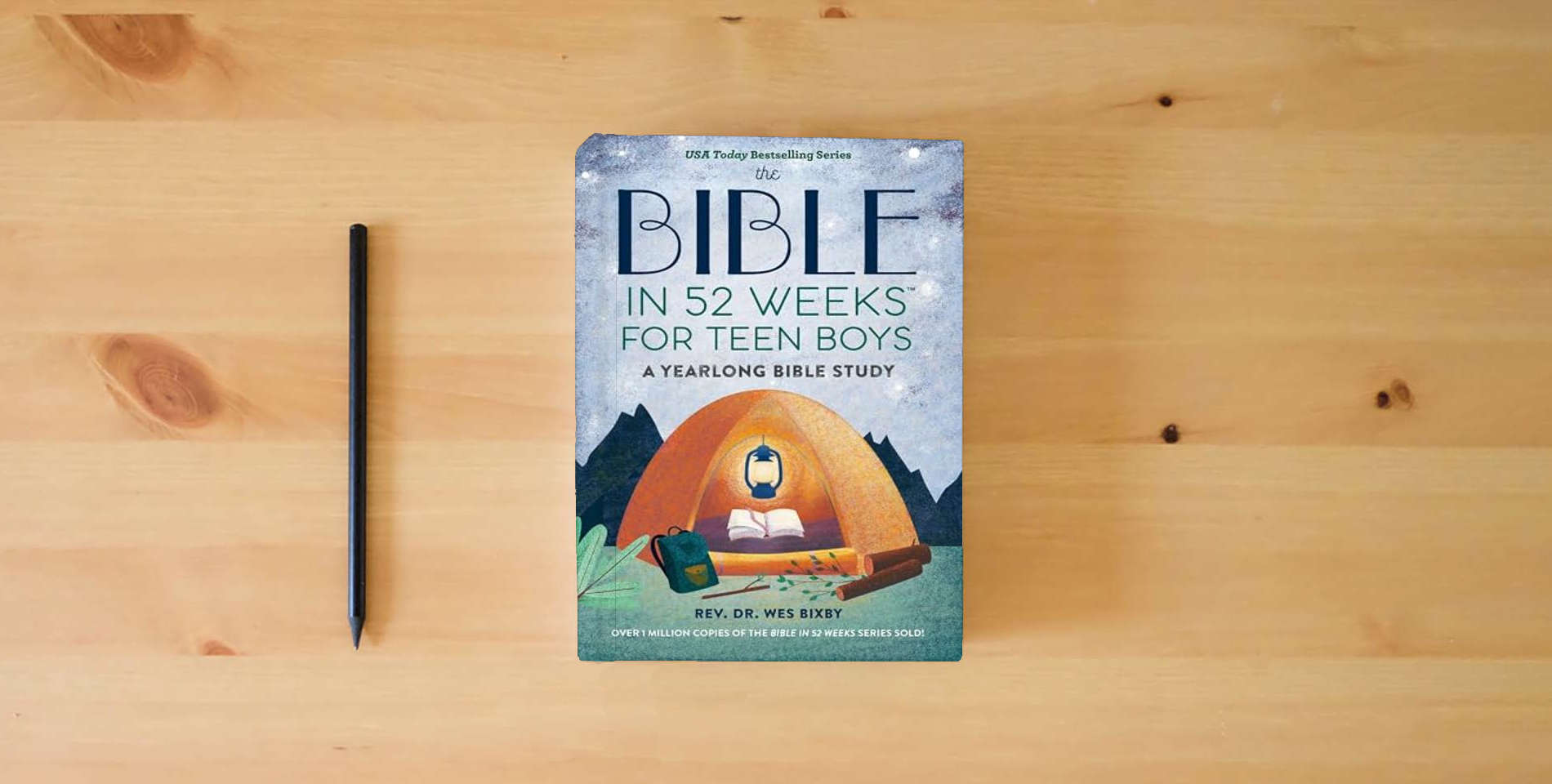 The book The Bible in 52 Weeks for Teen Boys: A Yearlong Bible Study is on the table