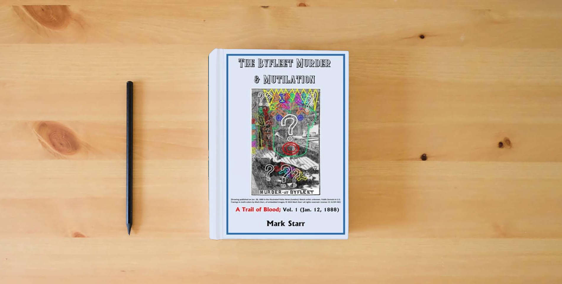 The book The Byfleet Murder & Mutilation: A Trail of Blood; Vol. 1 (Jan. 12, 1888) is on the table