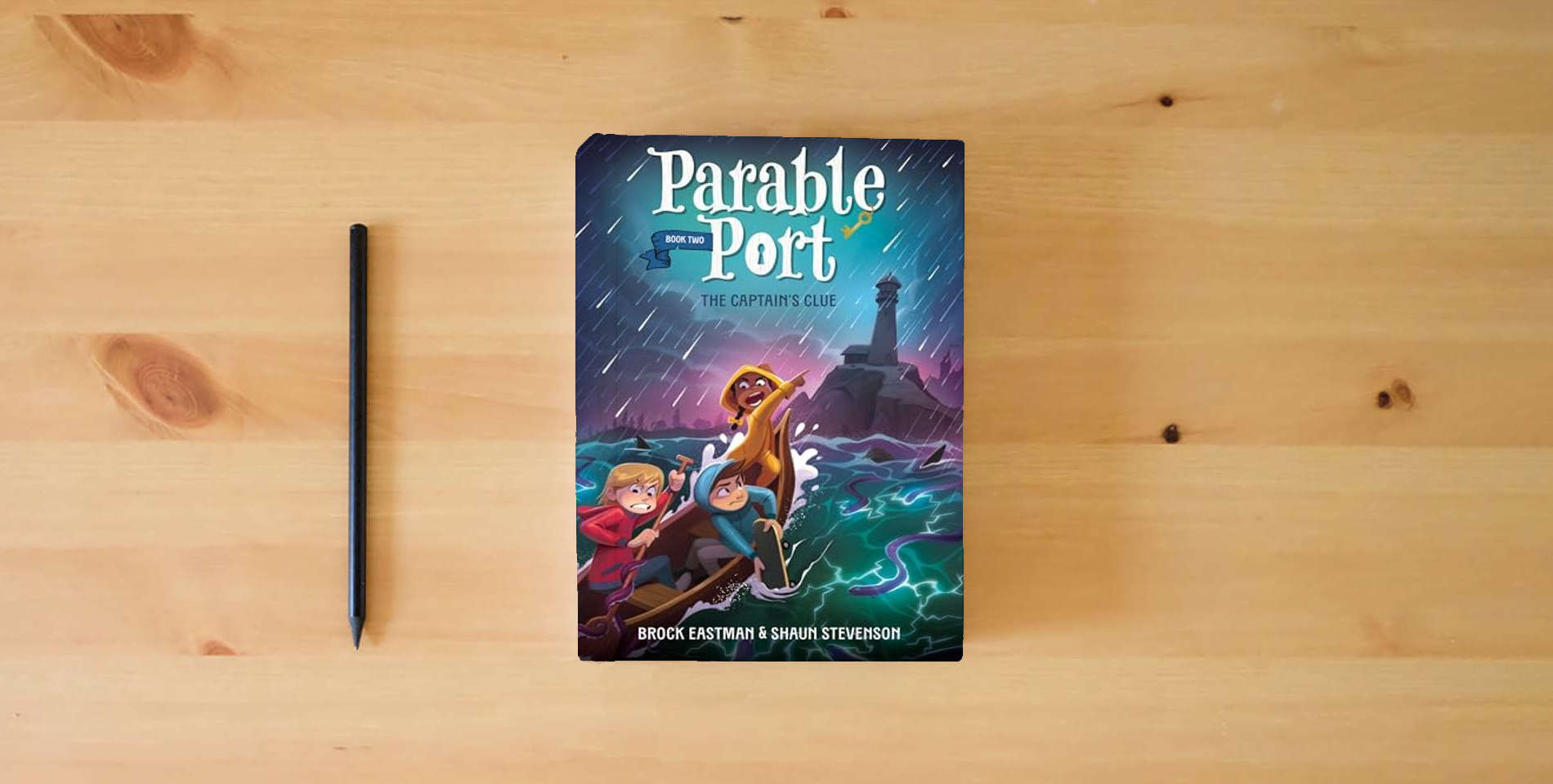 The book The Captain's Clue (Parable Port) is on the table