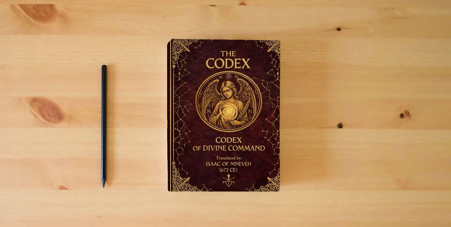 The book THE CODEX OF DIVINE COMMAND is on the table