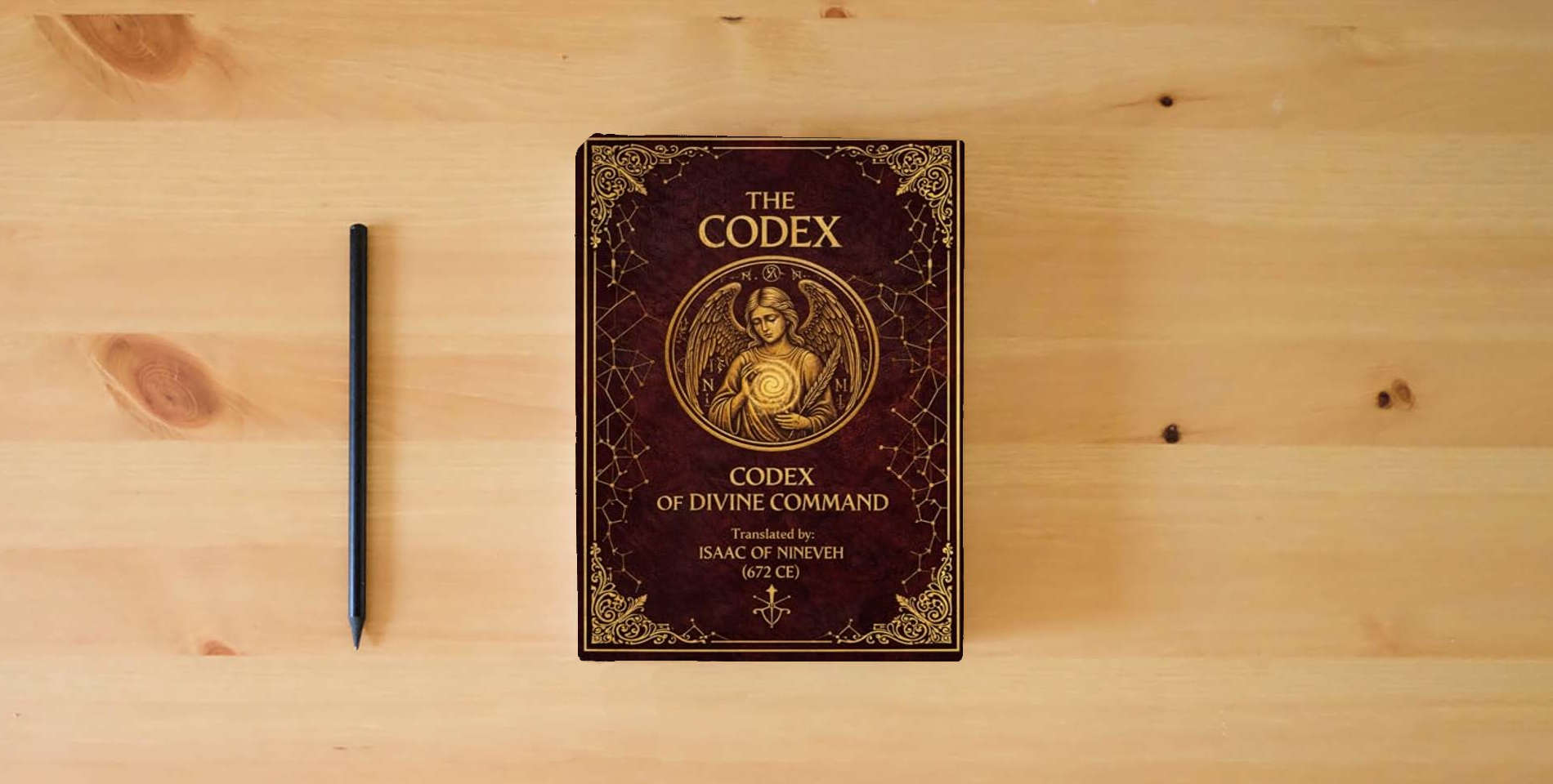 The book THE CODEX OF DIVINE COMMAND is on the table