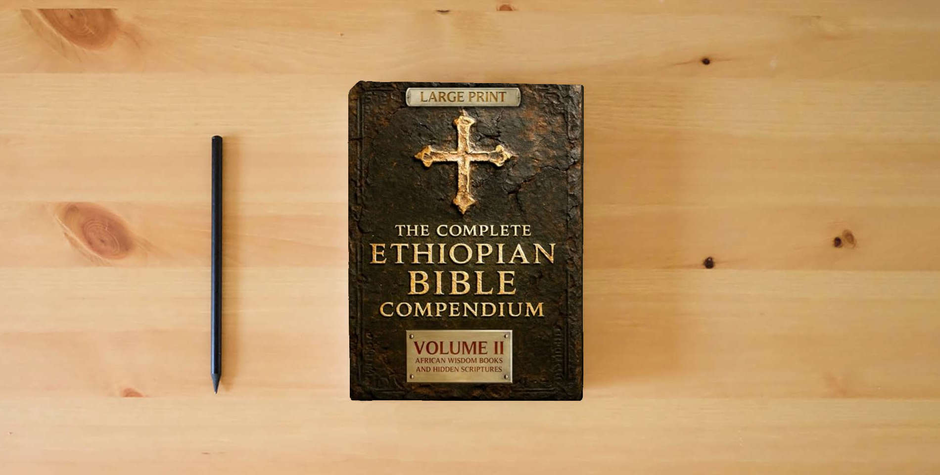 The book THE COMPLETE ETHIOPIAN BIBLE COMPENDIUM in English |LARGE PRINT Series|: Volume II — African Wisdom Books and Hidden Scriptures — Restoring the Lost ... LARGE PRINT Series — Complete 4-Volume Set) is on the table